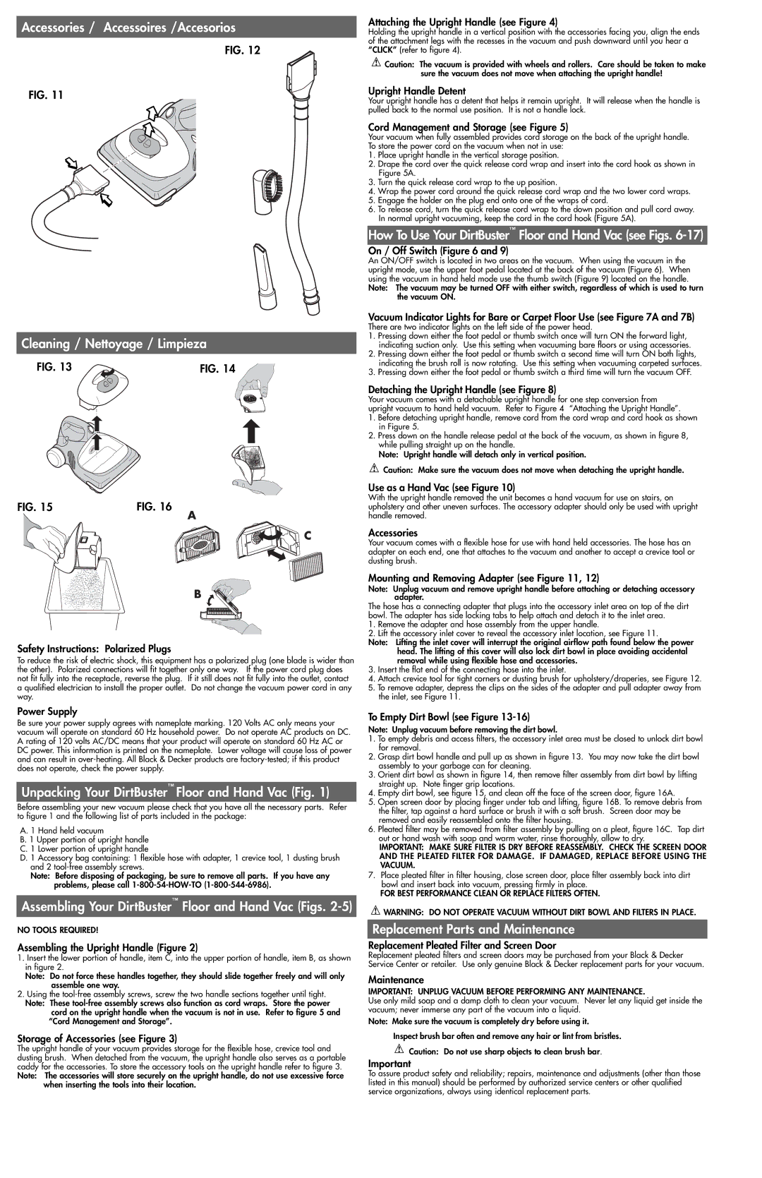 Black & Decker FV7000 Accessories / Accessoires /Accesorios, How To Use Your DirtBuster Floor and Hand Vac see Figs 