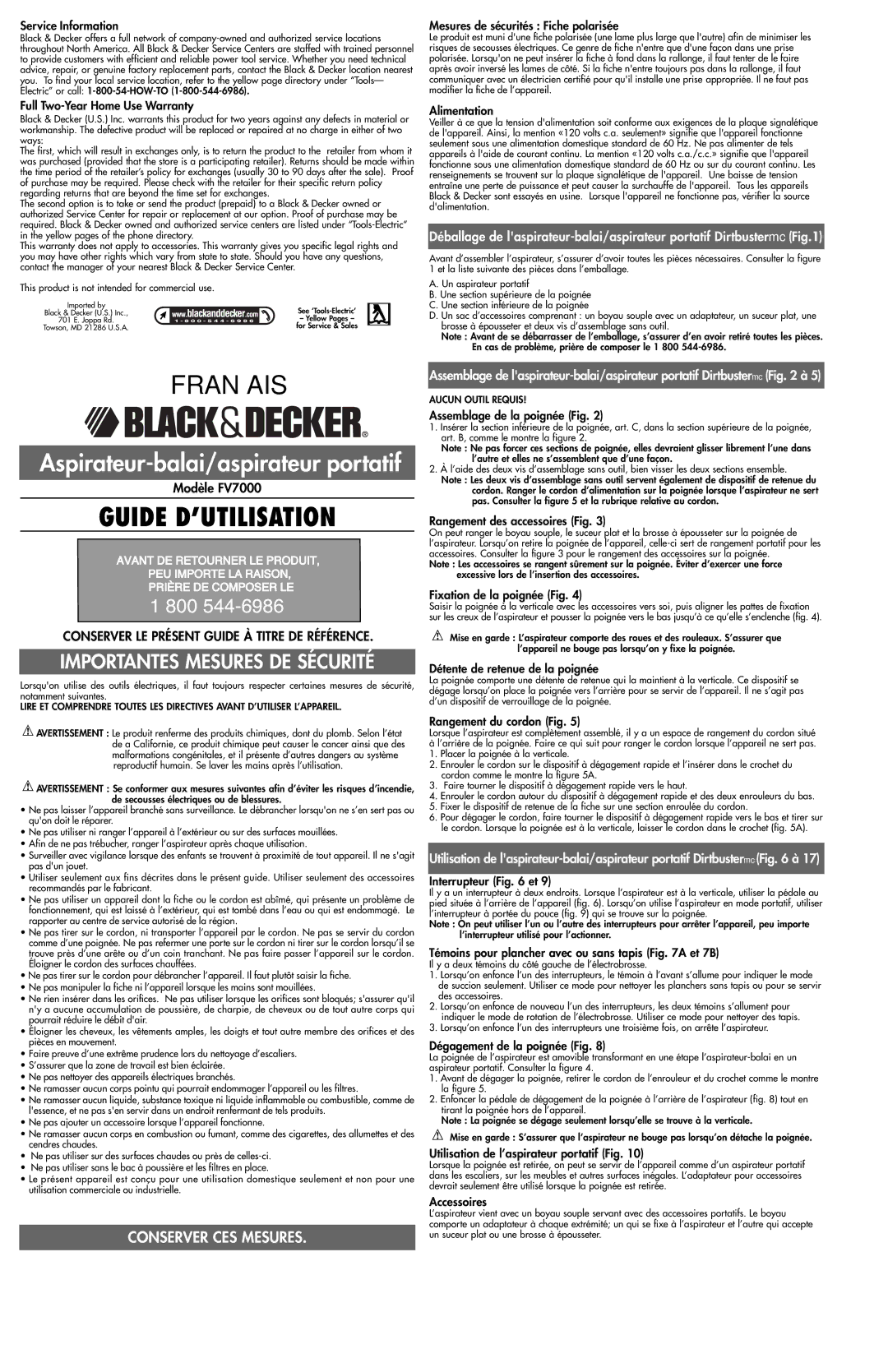 Black & Decker 243935-00 Service Information, Full Two-Year Home Use Warranty, Mesures de sécurités Fiche polarisée 