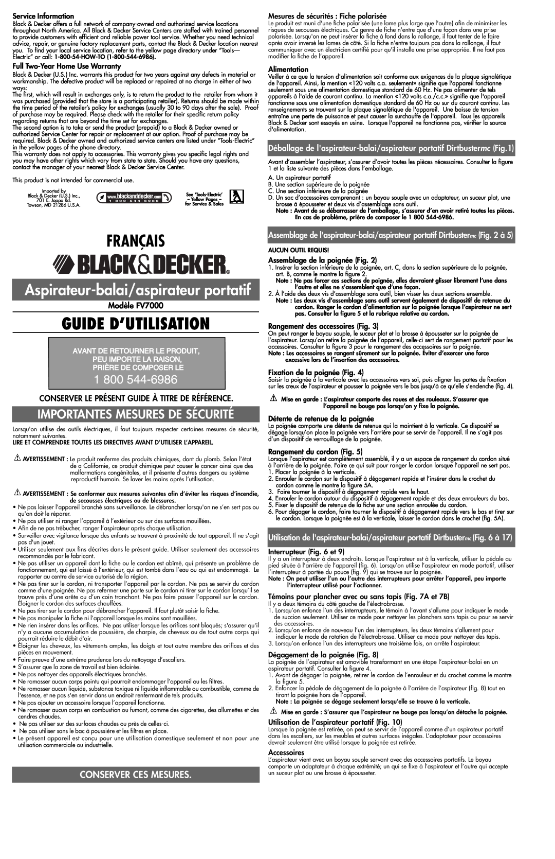Black & Decker 243935-00 Français, Guide D’Utilisation, Aspirateur-balai/aspirateur portatif, Conserver Ces Mesures 