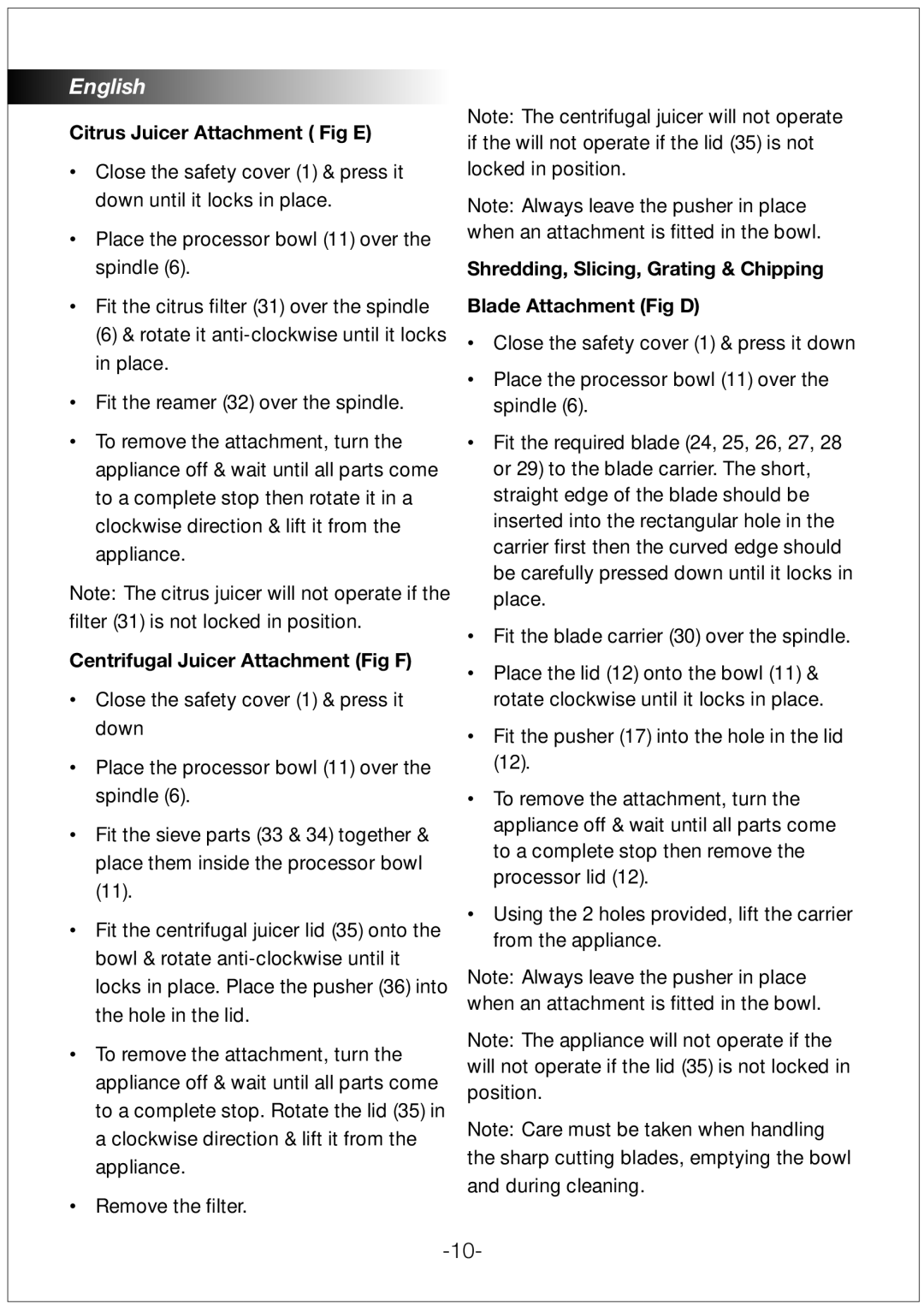 Black & Decker FX1000 manual Citrus Juicer Attachment Fig E, Centrifugal Juicer Attachment Fig F 