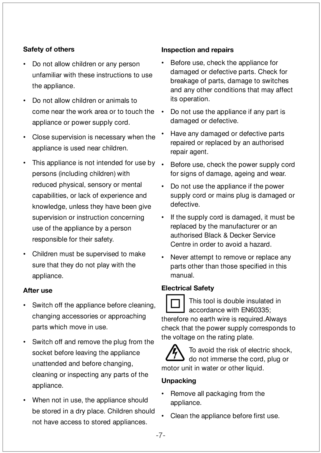 Black & Decker FX1000 manual Safety of others, After use, Inspection and repairs, Electrical Safety, Unpacking 