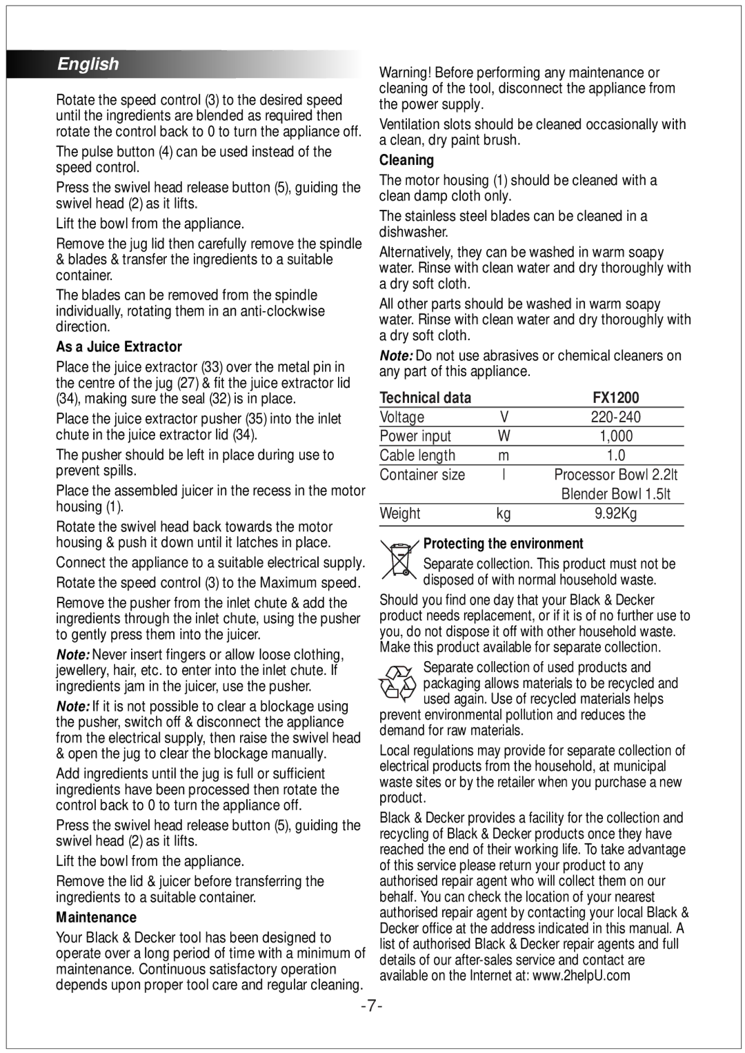 Black & Decker FX1200 manual As a Juice Extractor, Maintenance, Cleaning, Protecting the environment 