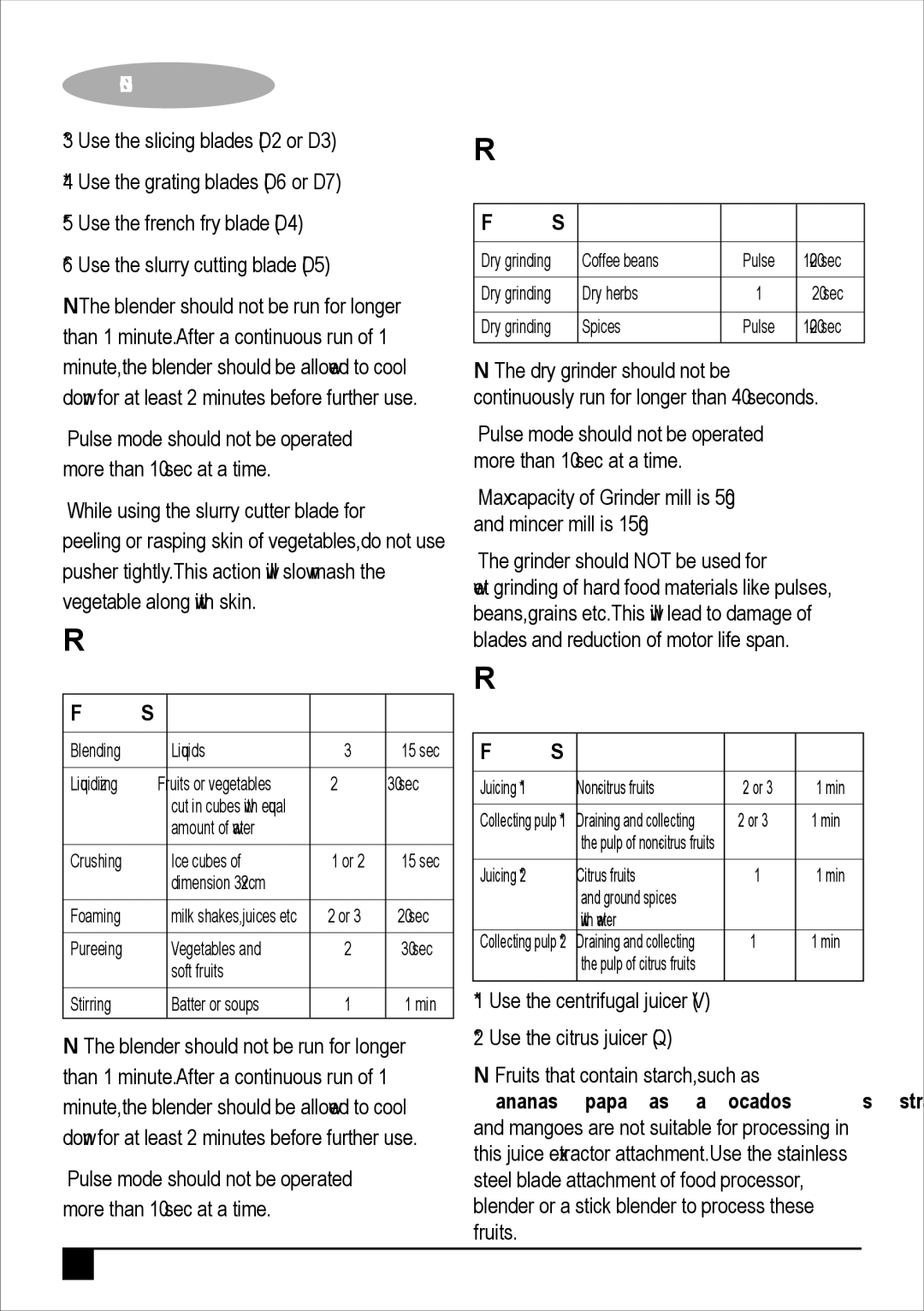 Black & Decker FX710 - B5 manual Recommendations when blending, Recommendations when grinding, Recommendations when Juicing 