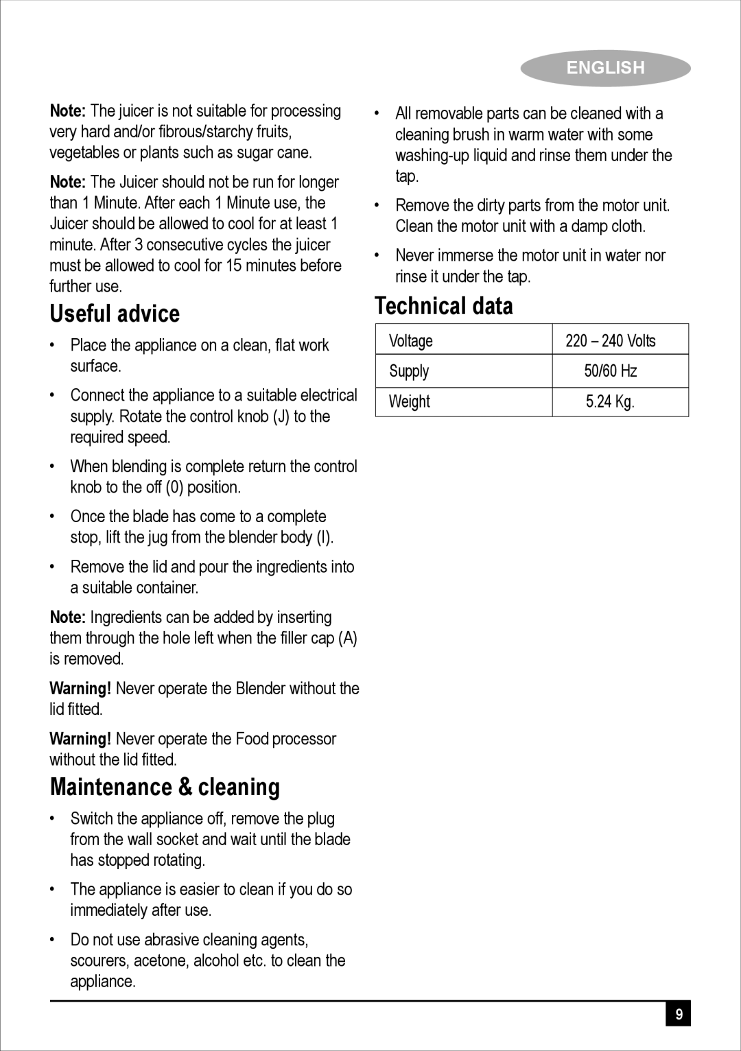 Black & Decker FX710 - B5 manual Useful advice, Maintenance & cleaning, Technical data, 50/60 Hz, 24 Kg 