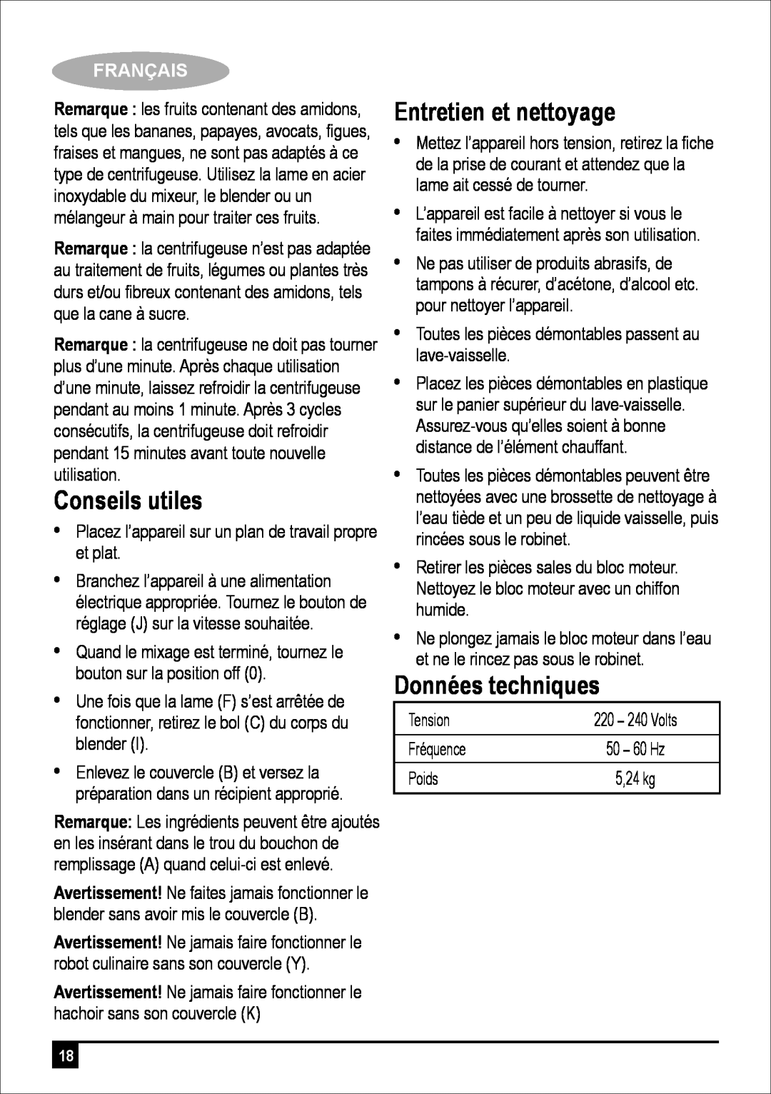 Black & Decker FX710 - B5 manual Conseils utiles, Entretien et nettoyage, Données techniques, Français 