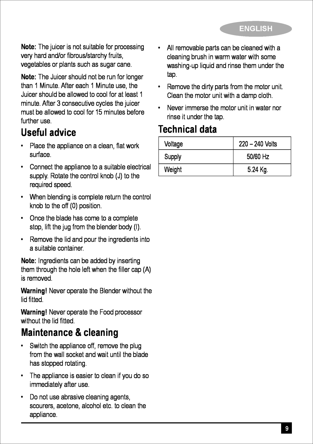 Black & Decker FX710 - B5 manual Useful advice, Maintenance & cleaning, Technical data, English 