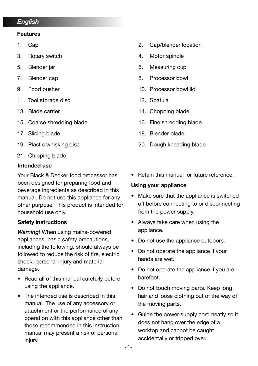 Black & Decker FX800 manual Features, Intended use, Safety instructions, Using your appliance 