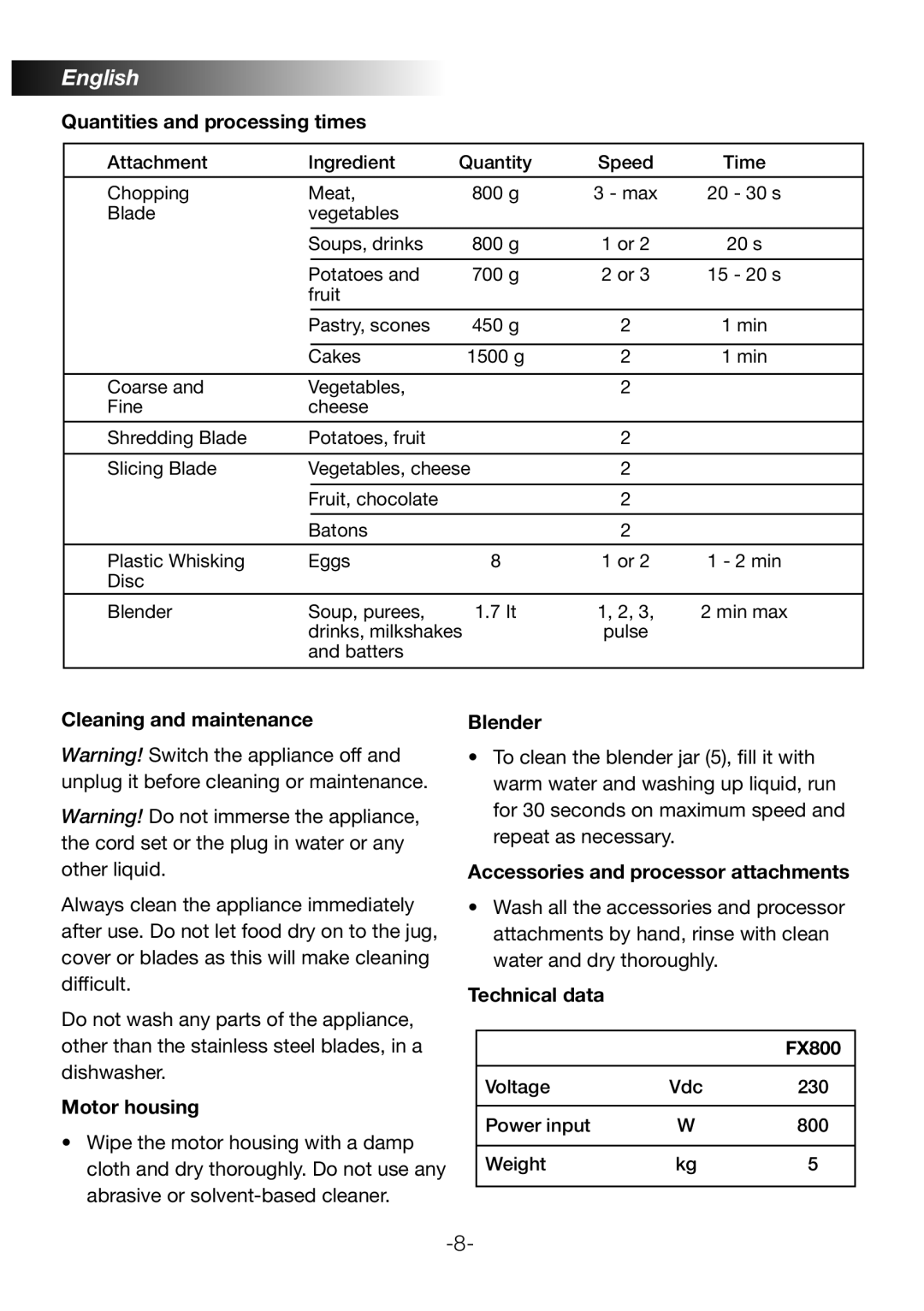 Black & Decker FX800 Quantities and processing times, Cleaning and maintenance, Motor housing, Blender, Technical data 