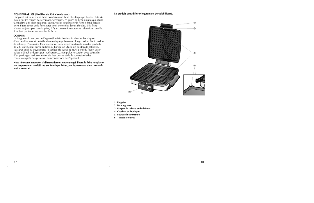 Black & Decker G48TD manual Fiche Polarisée Modèles de 120 V seulement, Cordon 