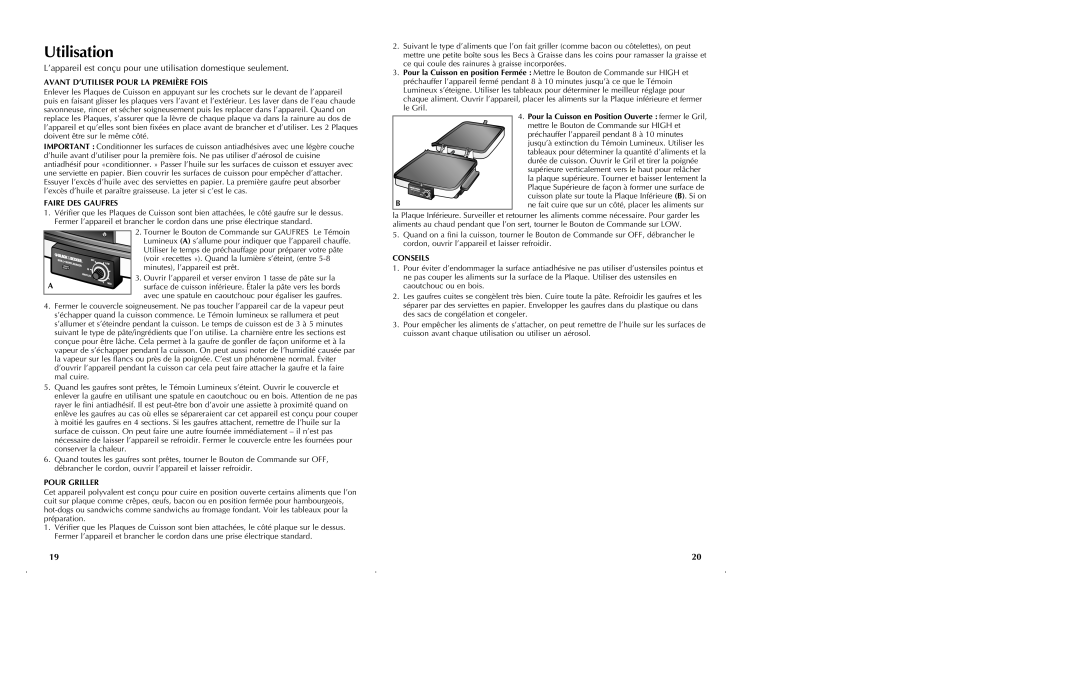 Black & Decker G48TD manual Utilisation, Avant D’Utiliser Pour La Première Fois, Faire Des Gaufres, Pour Griller, Conseils 