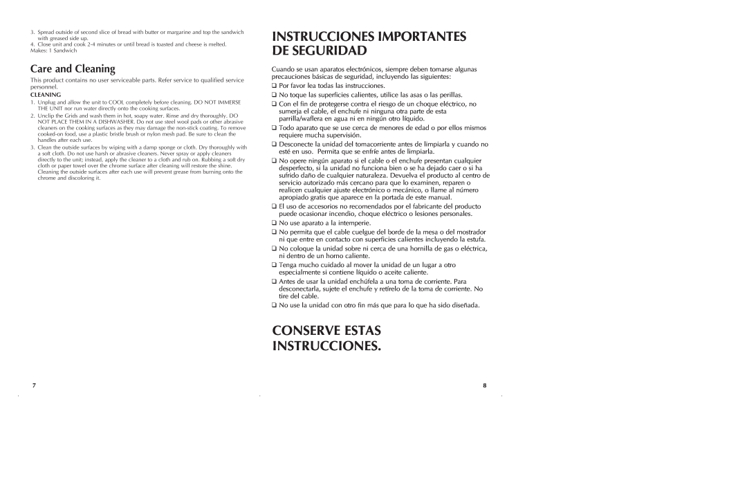 Black & Decker G48TD manual Conserve Estas Instrucciones, Care and Cleaning, Instrucciones Importantes De Seguridad 