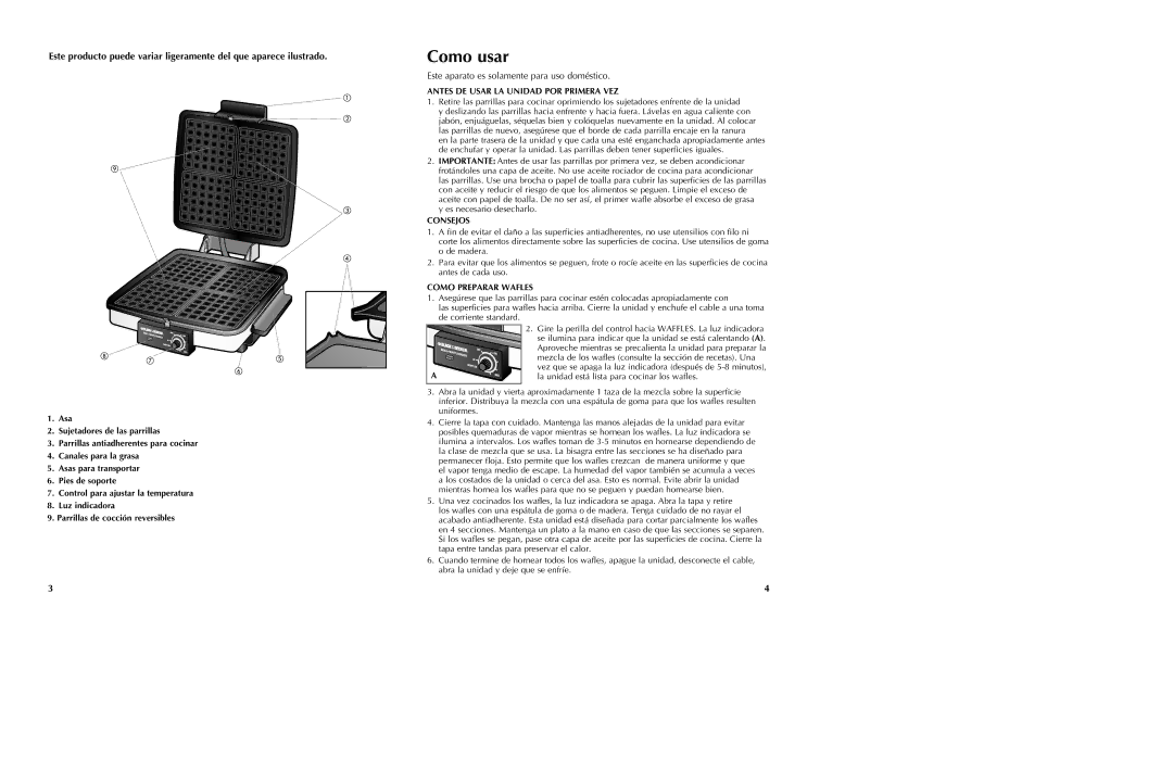 Black & Decker G49TD manual Como usar, Antes DE Usar LA Unidad POR Primera VEZ, Consejos, Como Preparar Wafles 