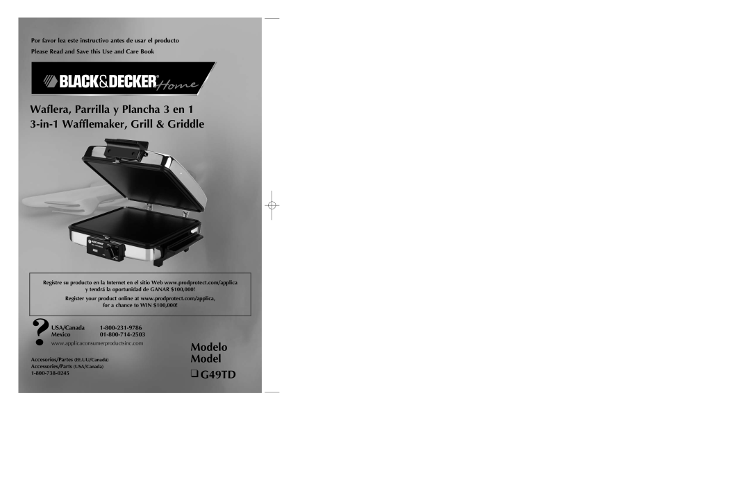 Black & Decker G49TD manual Waflera, Parrilla y Plancha 3 en 3-in-1 Wafflemaker, Grill & Griddle, Modelo Model 