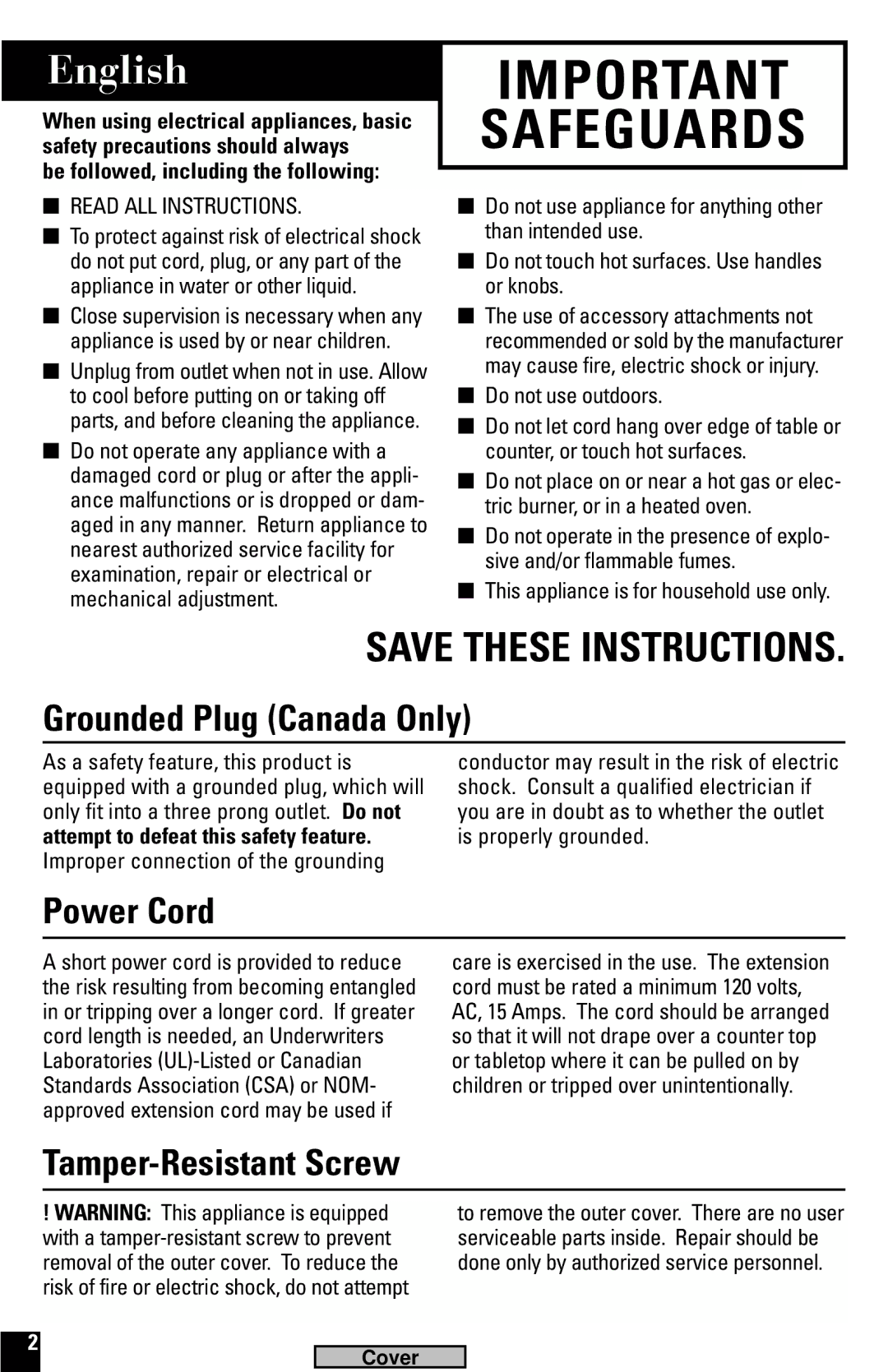 Black & Decker G600, G100 manual English, Grounded Plug Canada Only, Power Cord, Tamper-Resistant Screw 