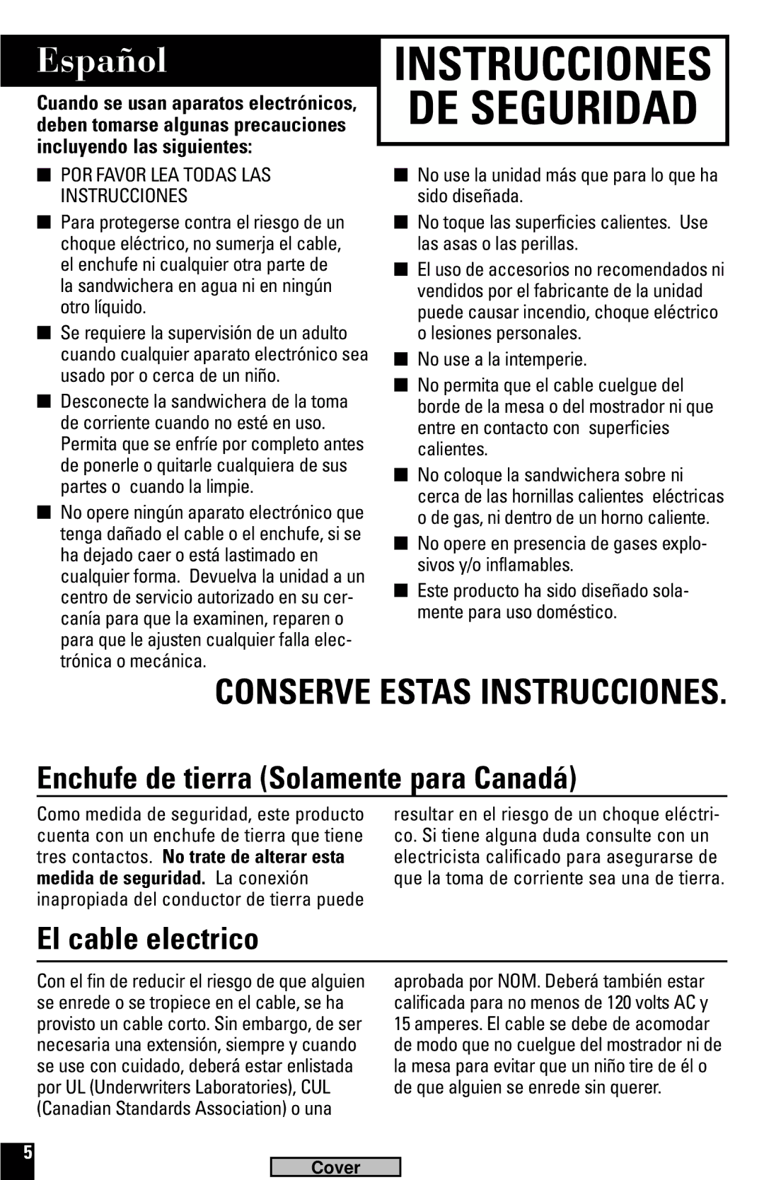 Black & Decker G100, G600 manual Español, Enchufe de tierra Solamente para Canadá, El cable electrico 