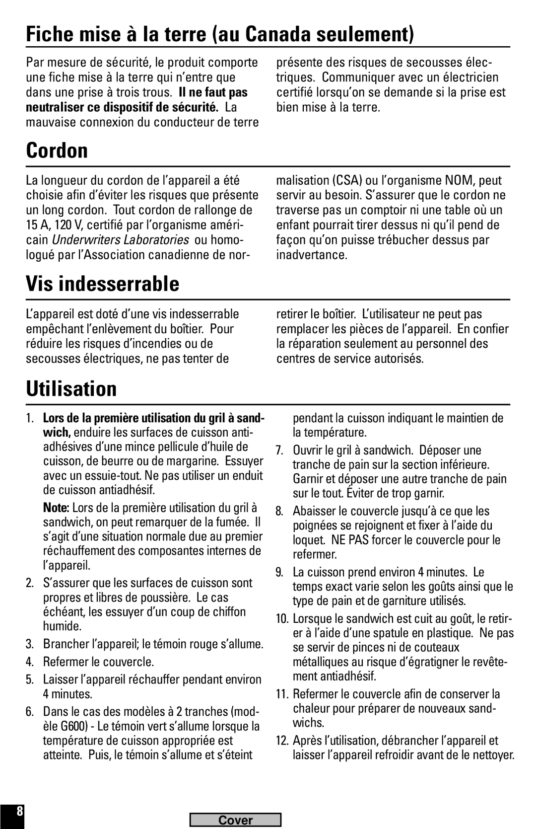 Black & Decker G600, G100 manual Fiche mise à la terre au Canada seulement, Cordon, Vis indesserrable, Utilisation 