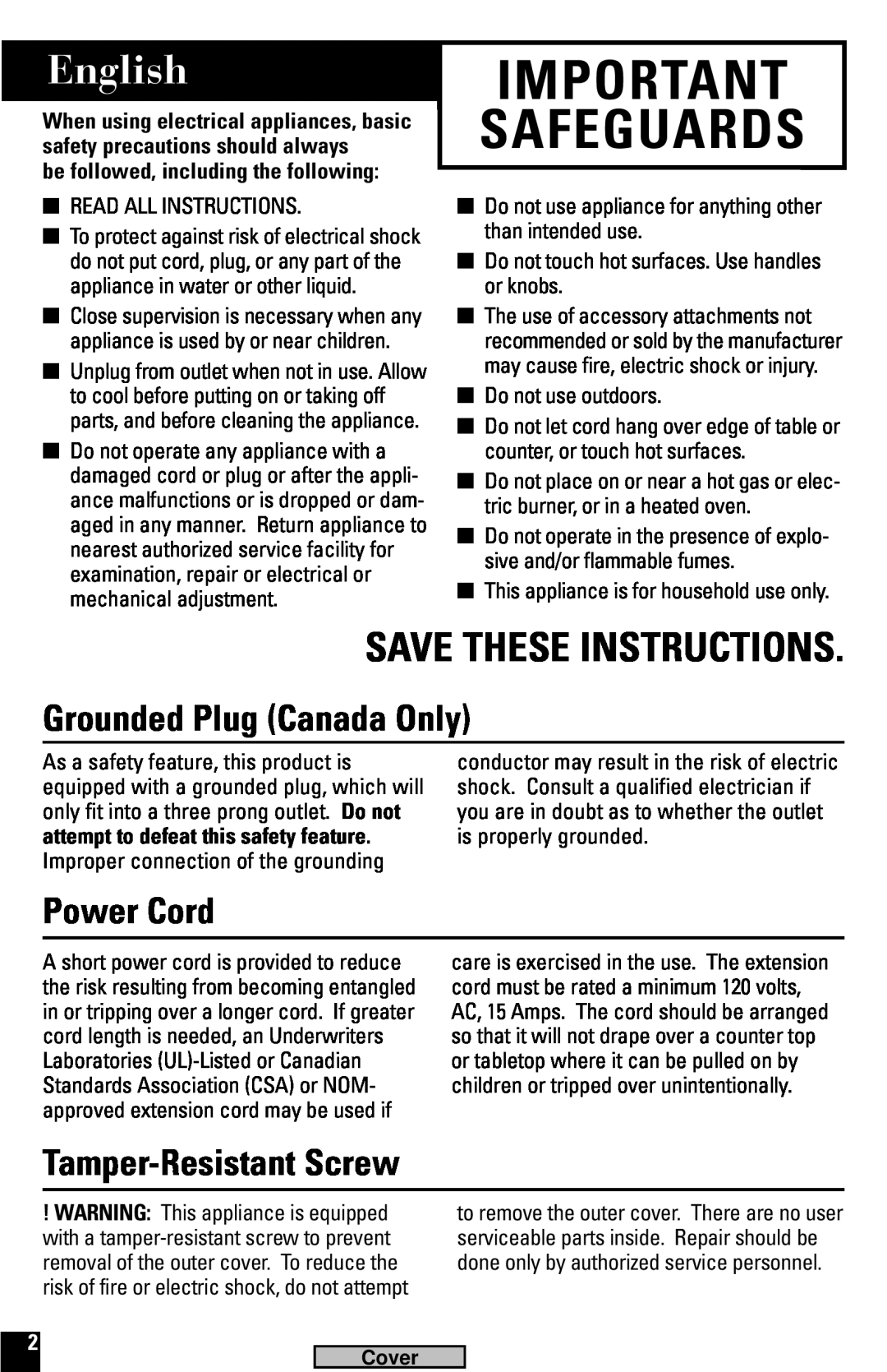 Black & Decker G600, G100 English, Save These Instructions, Grounded Plug Canada Only, Power Cord, Tamper-ResistantScrew 
