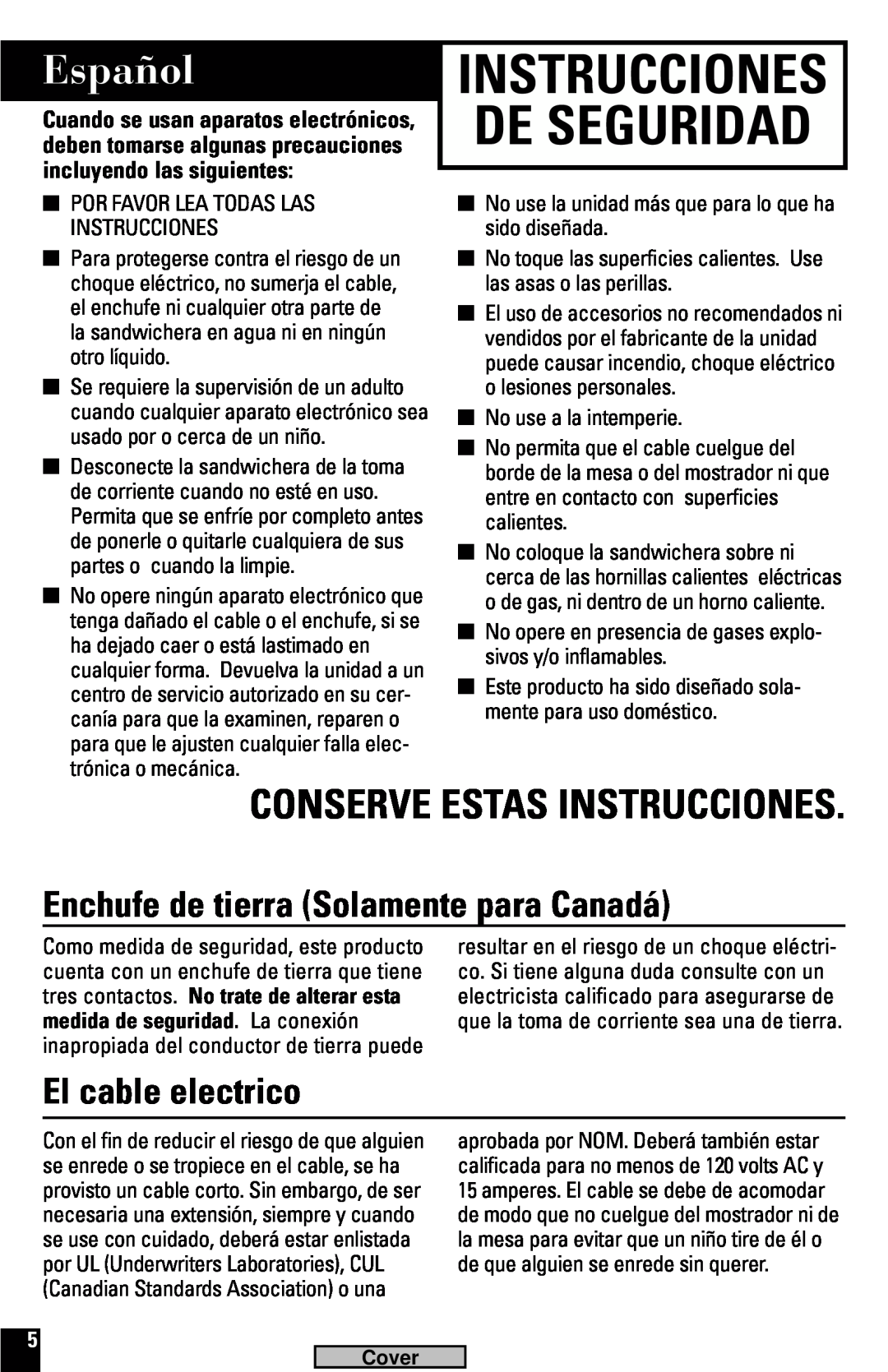 Black & Decker G100 Español, Conserve Estas Instrucciones, Enchufe de tierra Solamente para Canadá, El cable electrico 