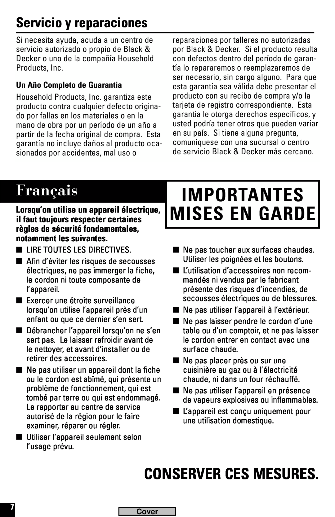 Black & Decker G100, G600 manual Français, Conserver Ces Mesures, Servicio y reparaciones, Un Año Completo de Guarantia 