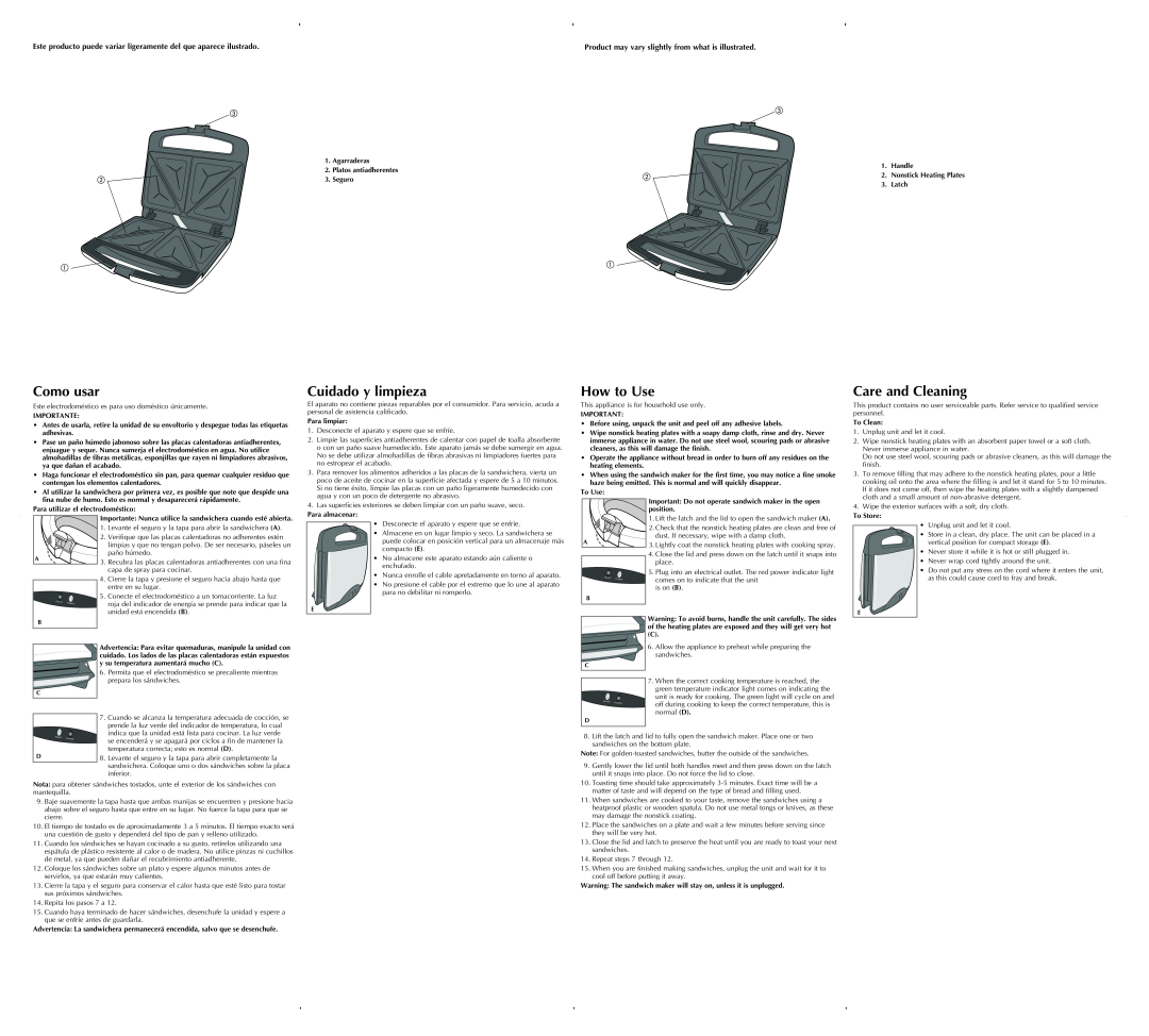 Black & Decker G605SB warranty Como usar, Cuidado y limpieza, How to Use, Care and Cleaning, normal D 