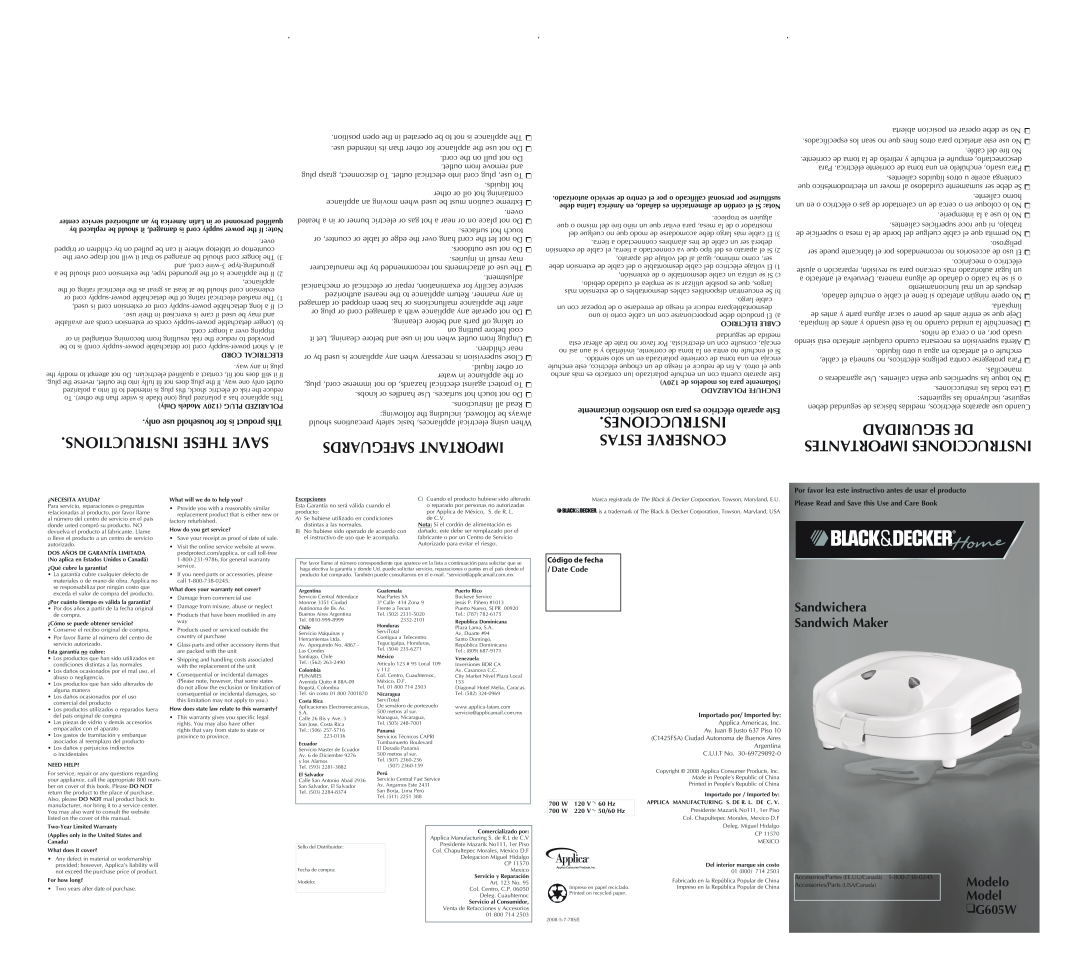 Black & Decker warranty Modelo Model G605W, Safeguards Important, Seguridad De Importantes Instrucciones 