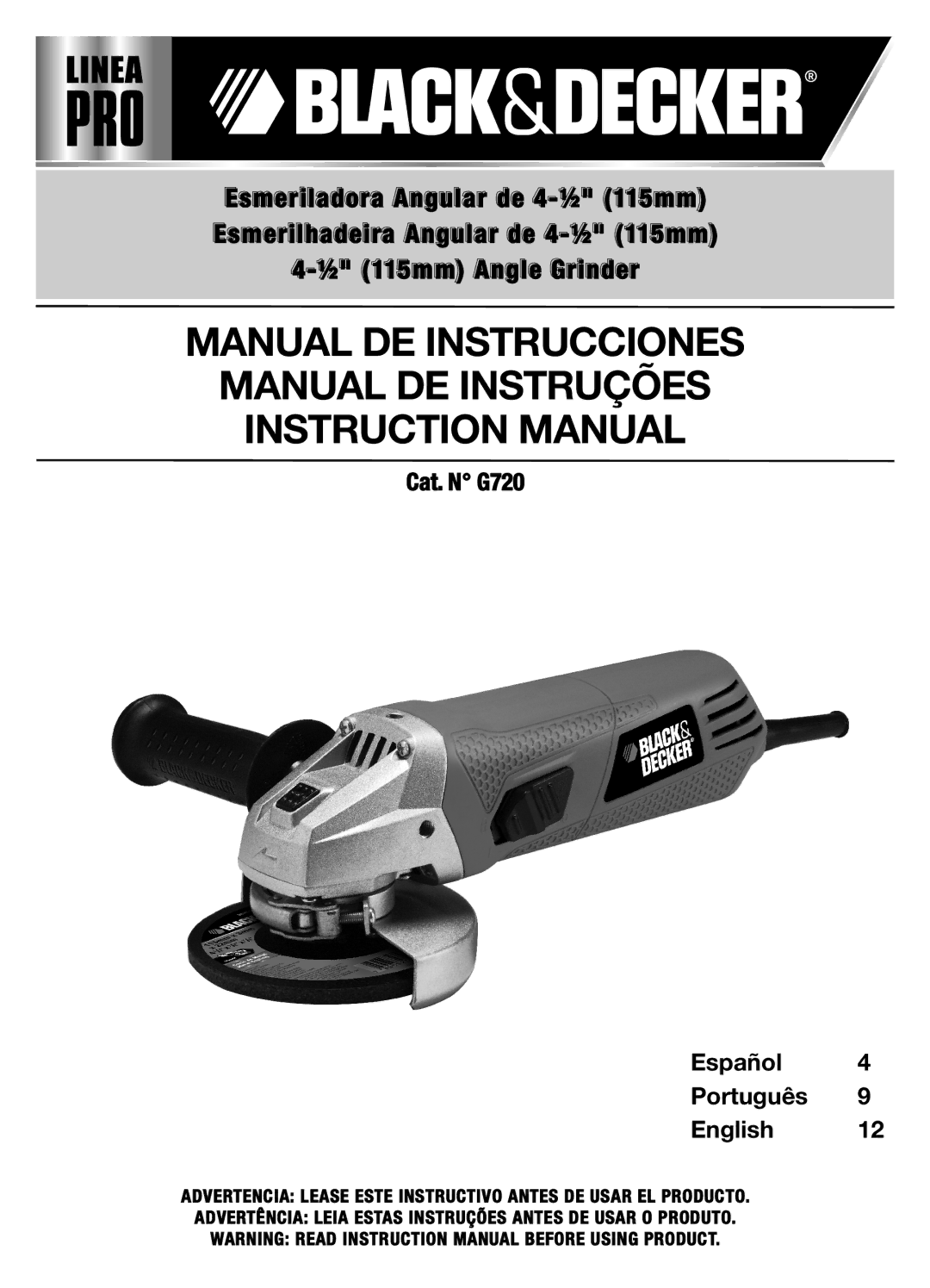 Black & Decker G720 instruction manual Manual DE Instrucciones Manual DE Instruções 