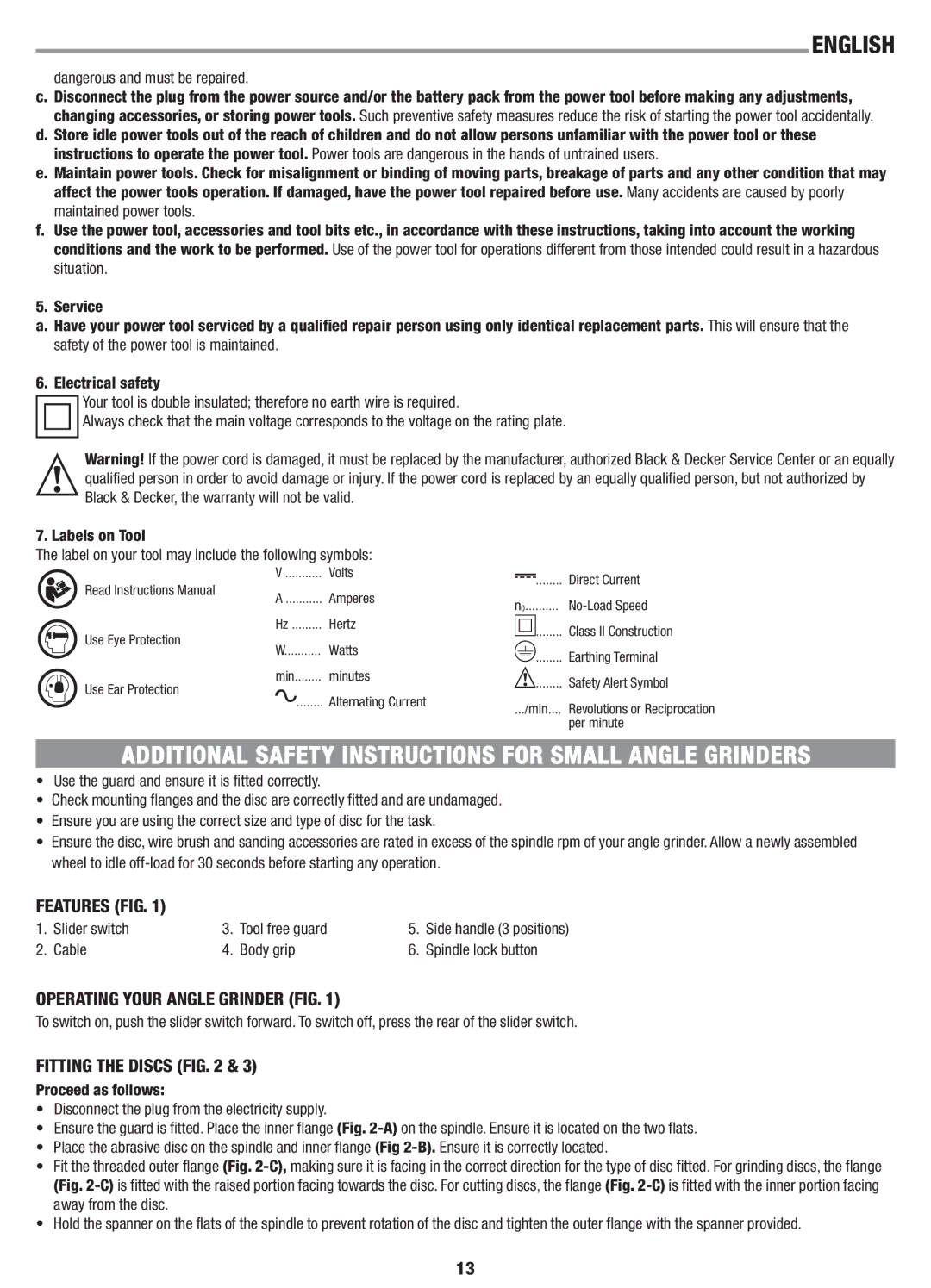 Black & Decker G720 Additional Safety Instructions for Small Angle Grinders, Features FIG, Fitting the Discs 