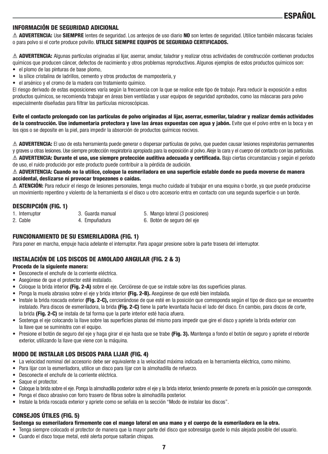 Black & Decker G720 Información DE Seguridad Adicional, Descripción FIG, Funcionamiento DE SU Esmeriladora FIG 