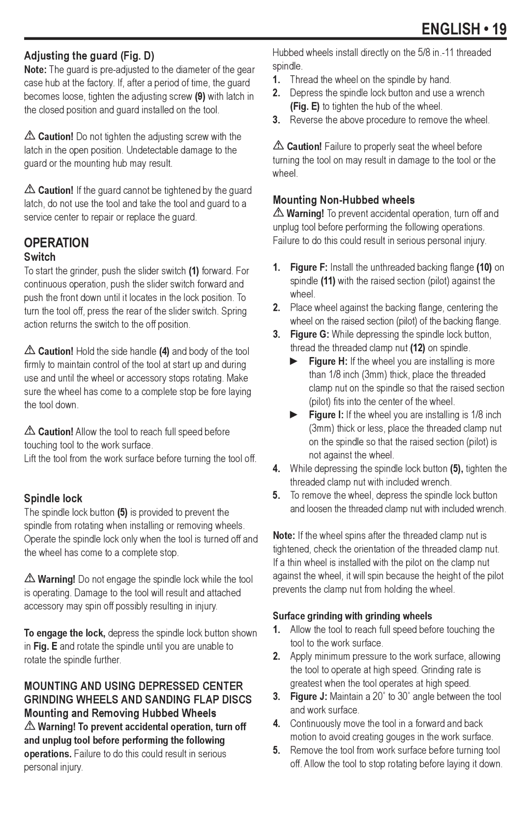Black & Decker G900K Operation, Adjusting the guard Fig. D, Switch, Spindle lock, Mounting Non-Hubbed wheels 