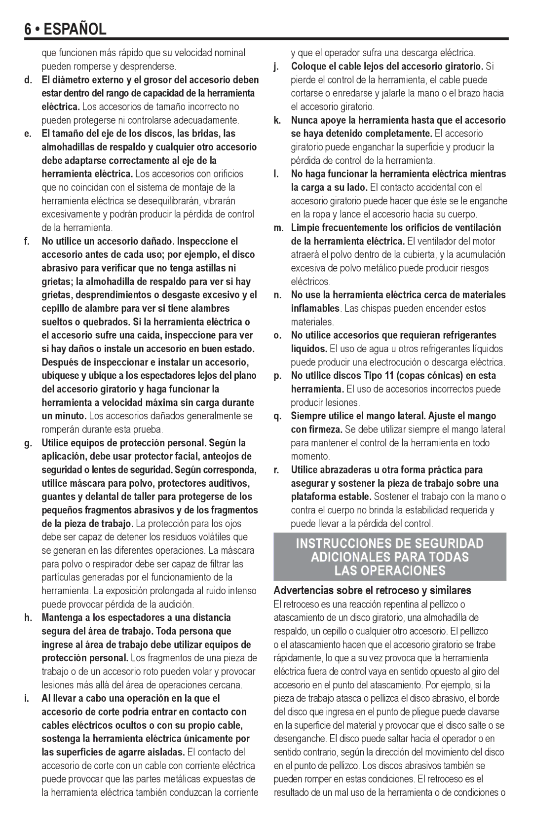 Black & Decker G900K Advertencias sobre el retroceso y similares, Que el operador sufra una descarga eléctrica 