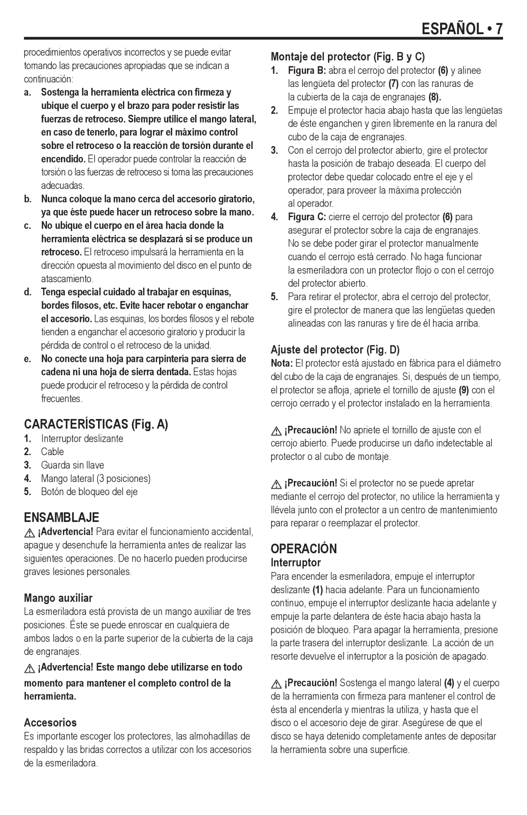 Black & Decker G900K instruction manual CARACTERíSTICAS Fig. a, Ensamblaje, Operación 