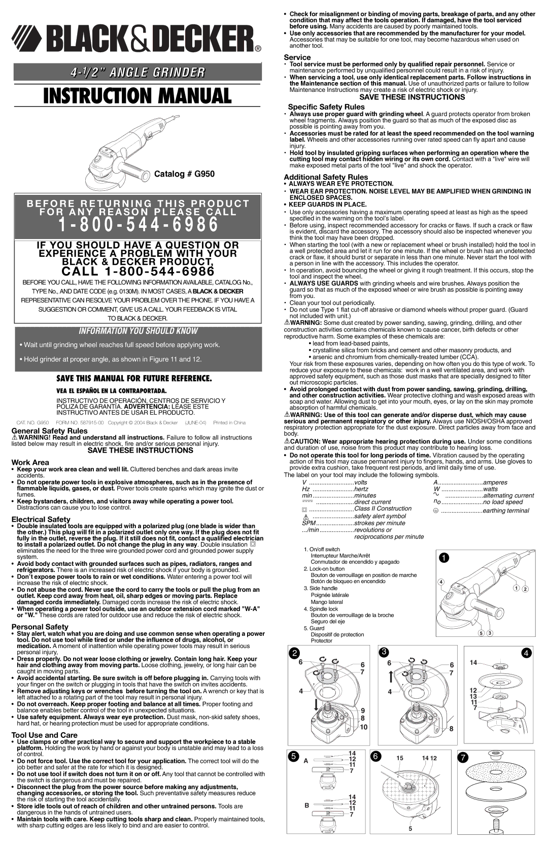 Black & Decker G950 instruction manual General Safety Rules Work Area, Electrical Safety, Personal Safety, Service 