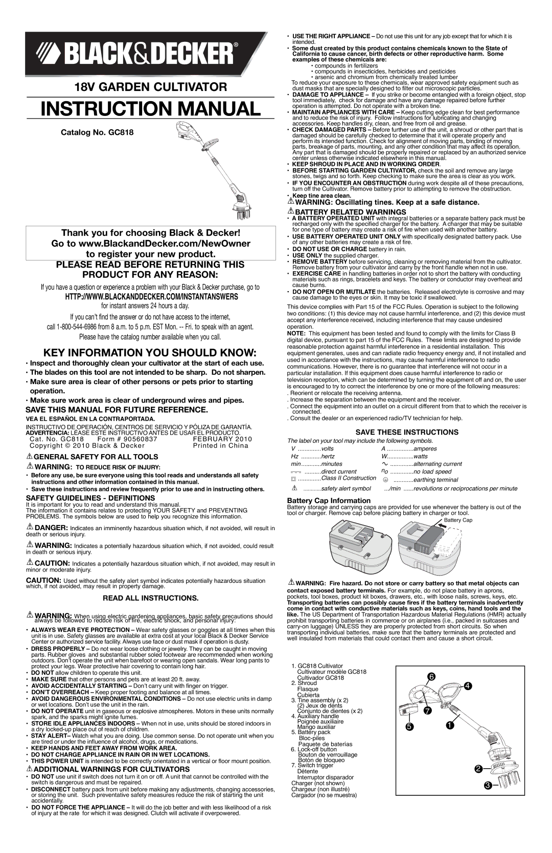 Black & Decker GC818R, GC818B instruction manual 18V Garden Cultivator, KEY Information YOU should Know 