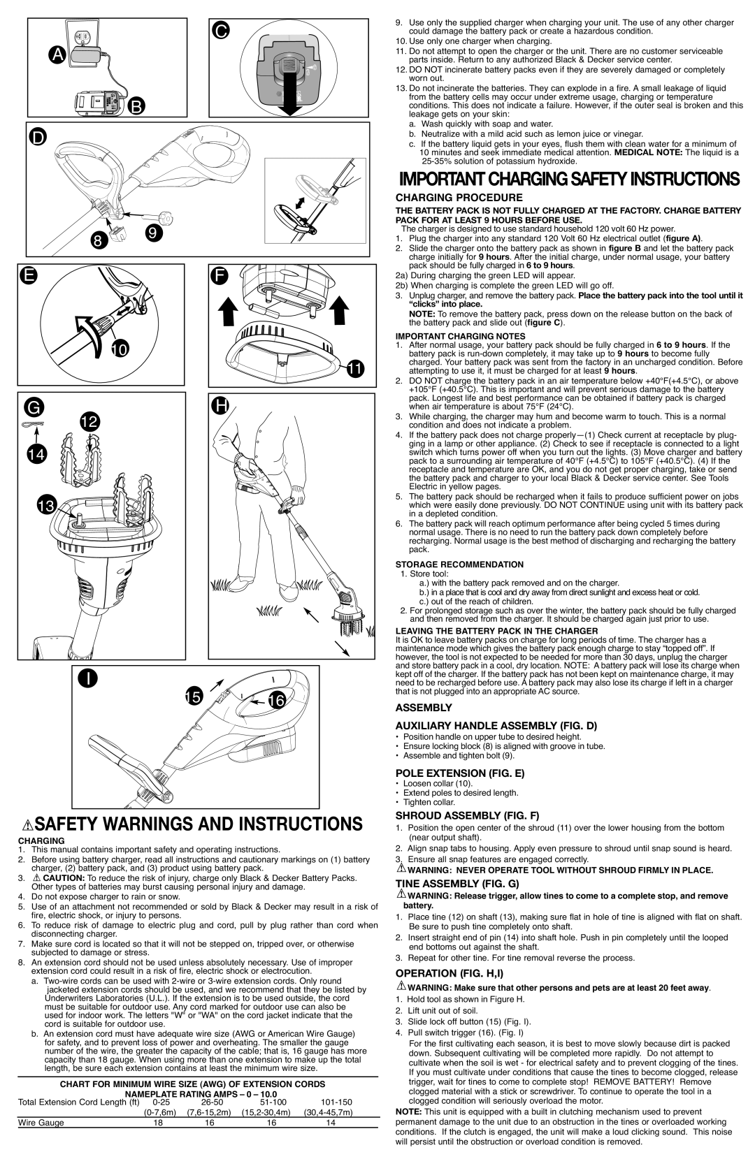 Black & Decker GC818R Importantchargingsafetyinstructions, Charging Procedure, Assembly, Operation FIG. H,I 