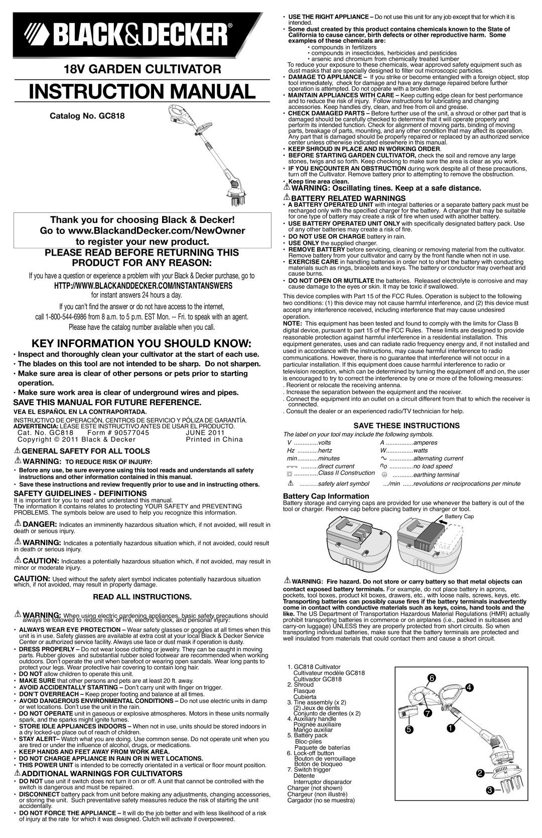 Black & Decker GC818R instruction manual 18V GARDEN CULTIVATOR, Key Information You Should Know, Instructionmanual 