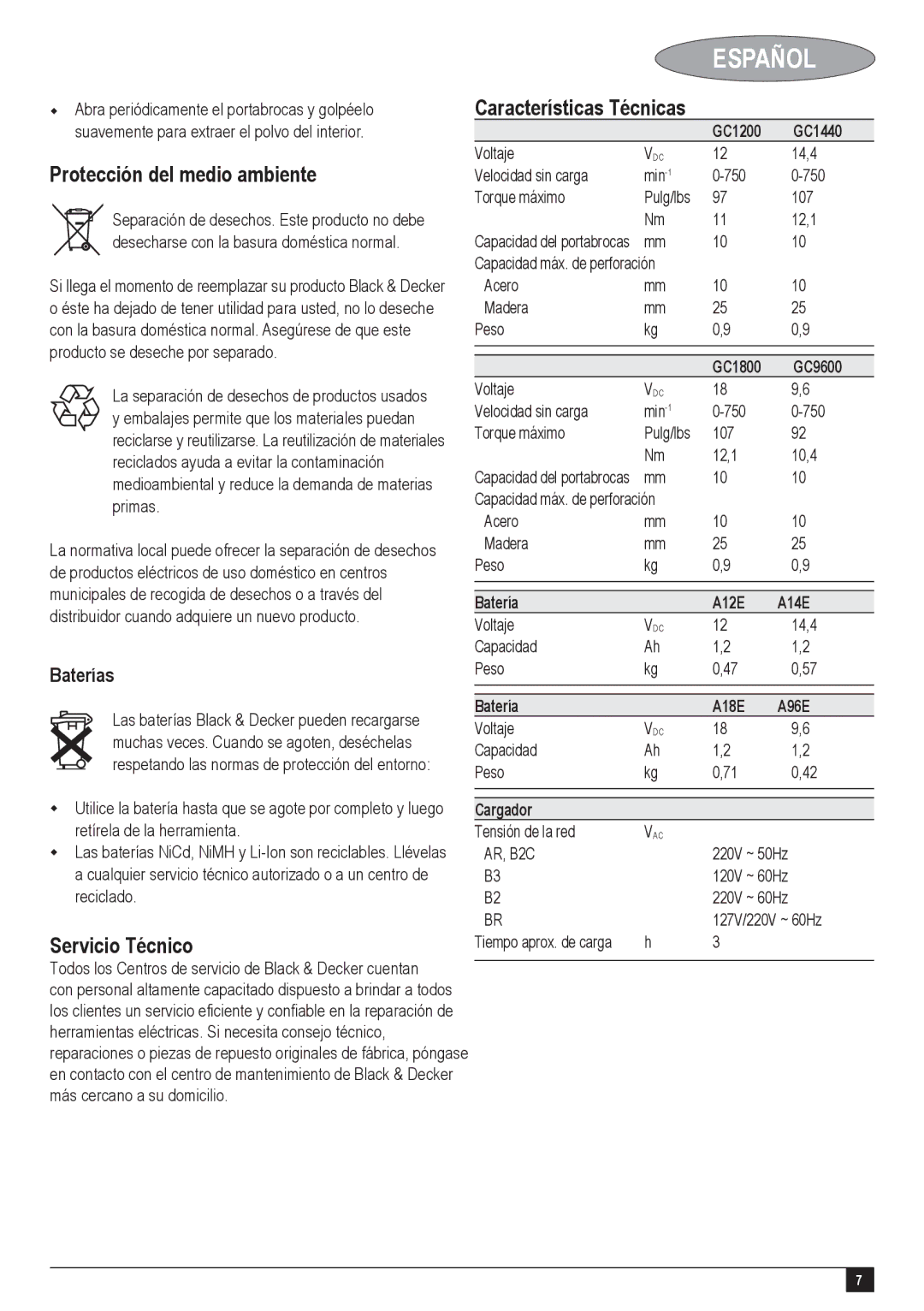 Black & Decker GC1800, GC9600, GC1200 Protección del medio ambiente, Servicio Técnico, Características Técnicas, Baterías 