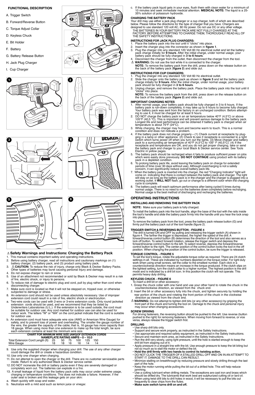 Black & Decker GCO1200C Safety Warnings and Instructions Charging the Battery Pack, Operating Instructions 