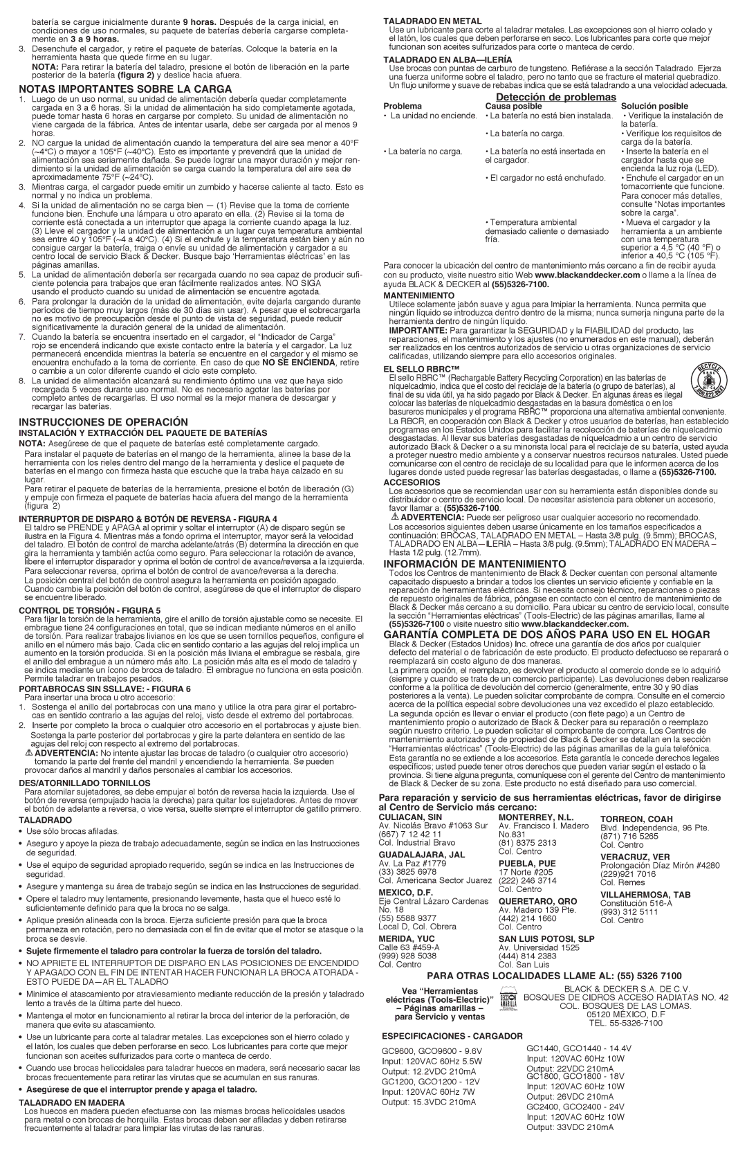 Black & Decker GC1800, GCO1800, GC9600 Notas importantes sobre la carga, Instrucciones de operación, Detección de problemas 