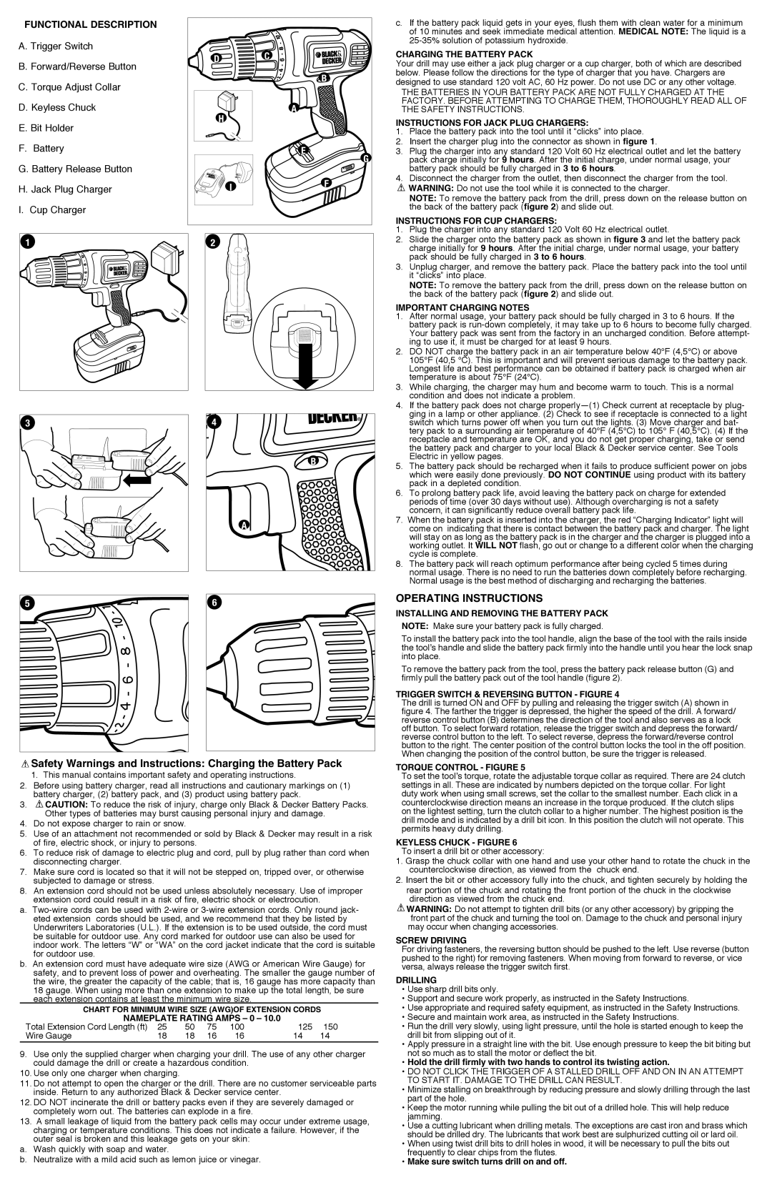Black & Decker GC1200 Safety Warnings and Instructions Charging the Battery Pack, Operating Instructions, D. Keyless Chuck 