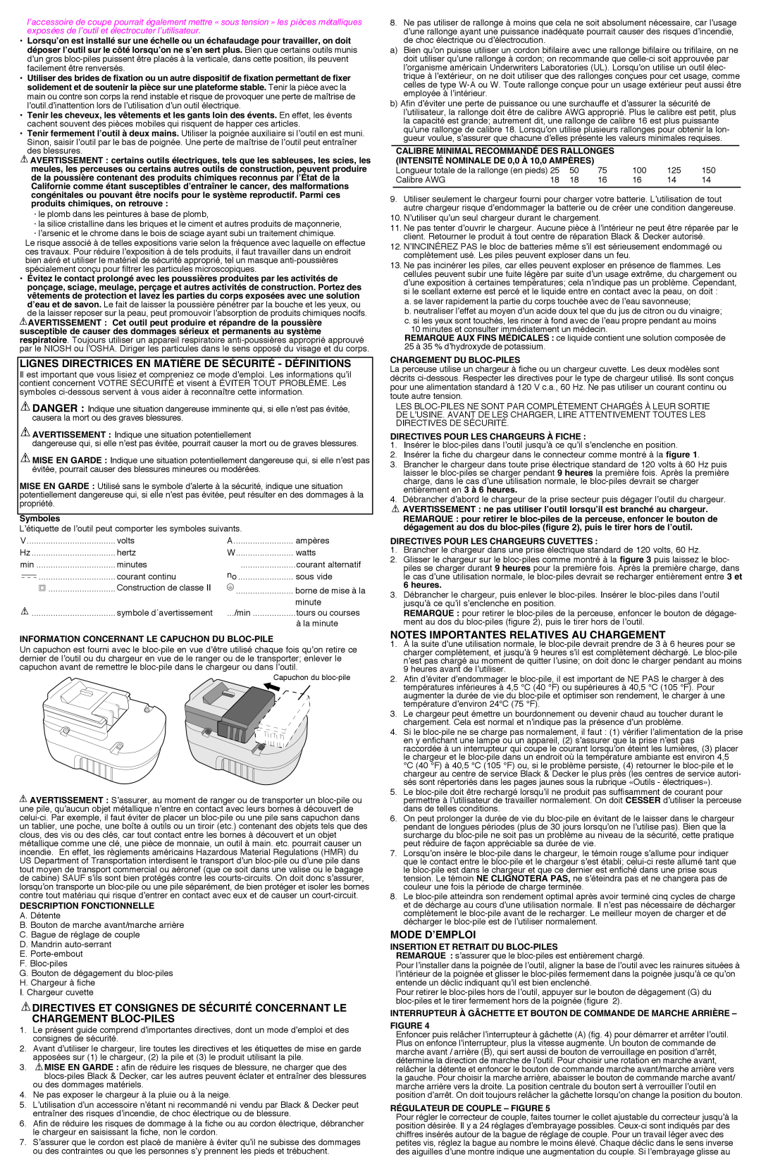 Black & Decker GCO2400 lignes directrices en matière de sécurité - définitions, Notes importantes relatives au chargement 