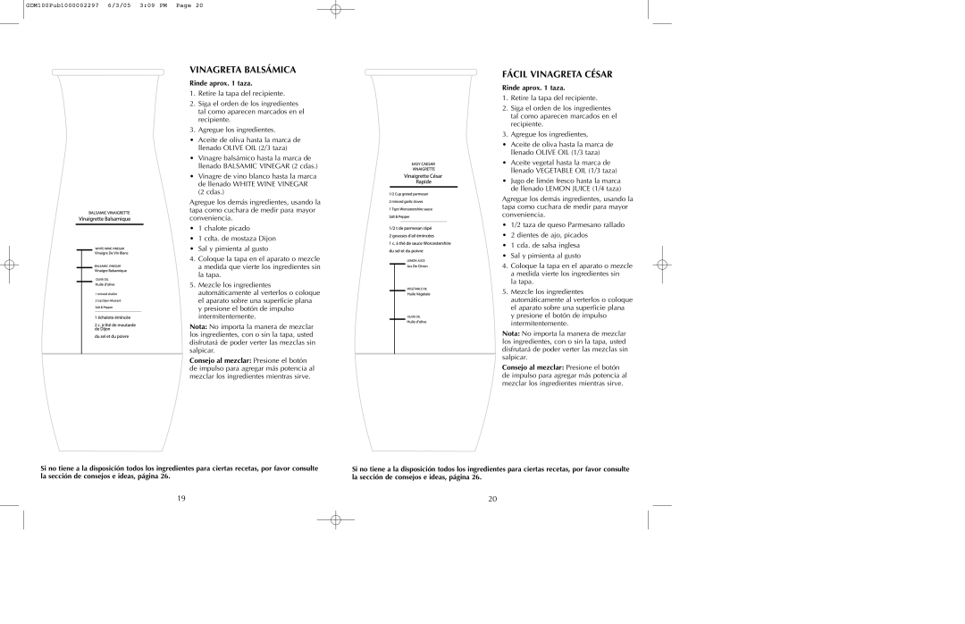 Black & Decker GDM100, GDM200 manual Vinagreta Balsámica, Fácil Vinagreta César 