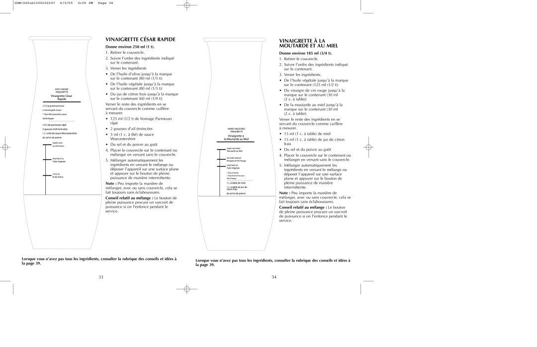 Black & Decker GDM200, GDM100 Vinaigrette César Rapide, Vinaigrette À LA Moutarde ET AU Miel, Donne environ 185 ml 3/4 t 