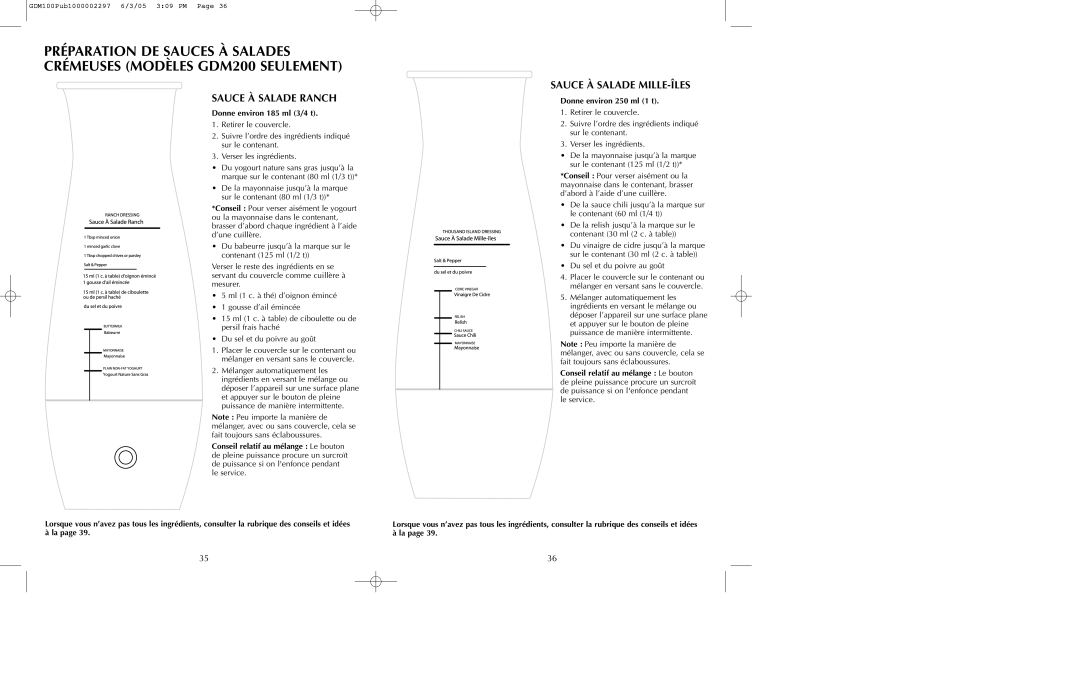 Black & Decker GDM100, GDM200 manual Sauce À Salade Ranch, Sauce À Salade MILLE-ÎLES 