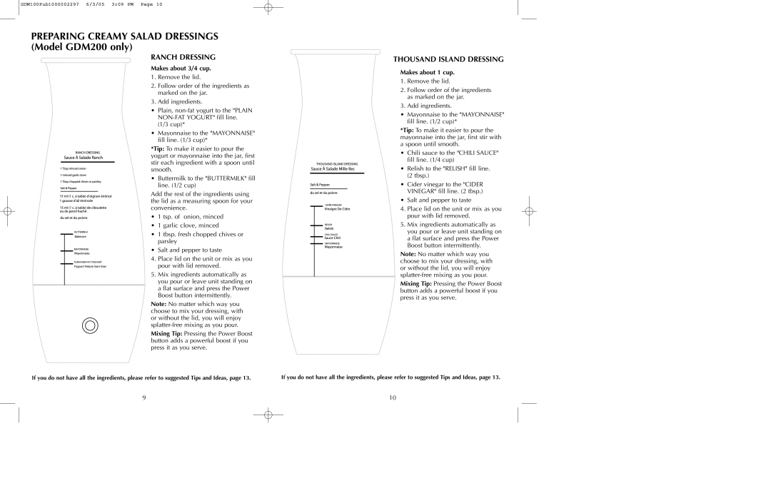 Black & Decker GDM200, GDM100 manual Ranch Dressing, Thousand Island Dressing 