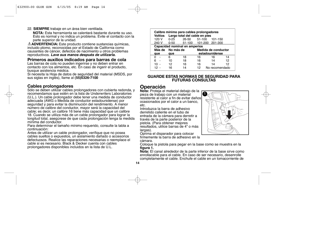 Black & Decker GG500S, 632900-00 instruction manual Primeros auxilios indicados para barras de cola, Cables prolongadores 