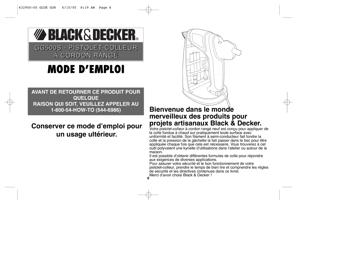 Black & Decker GG500S, 632900-00 instruction manual Mode D’EMPLOI 