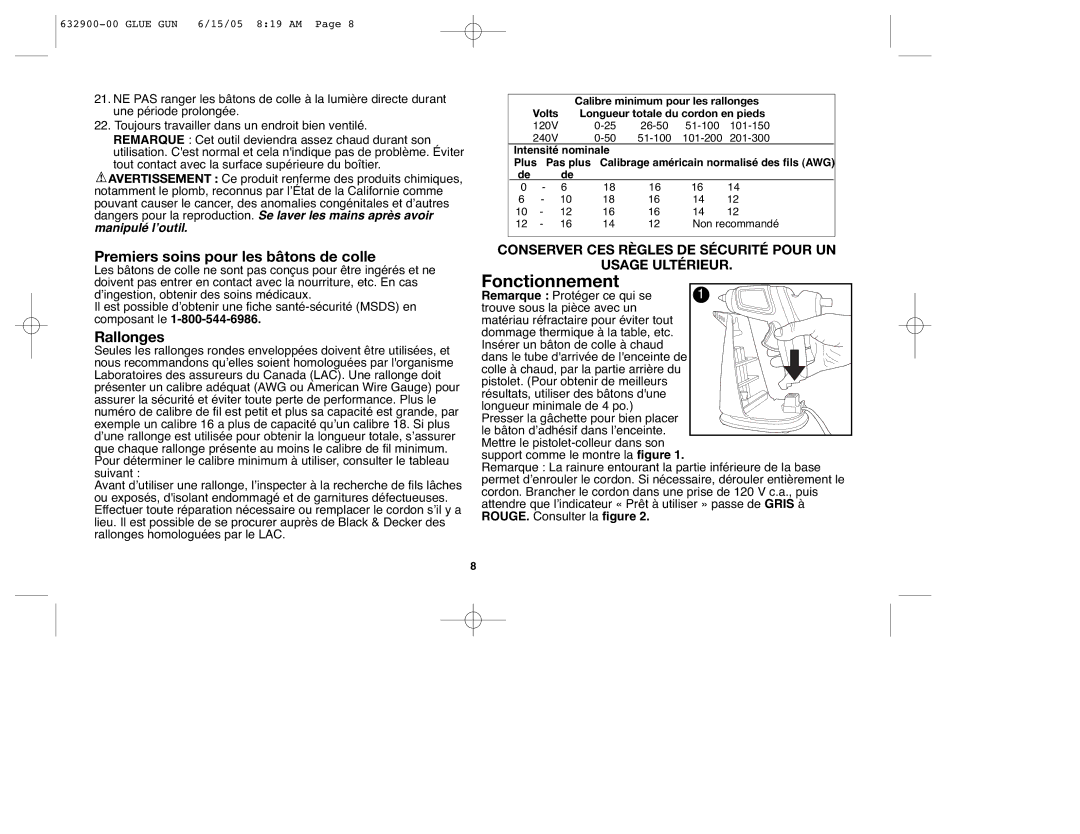 Black & Decker GG500S, 632900-00 instruction manual Premiers soins pour les bâtons de colle, Rallonges 