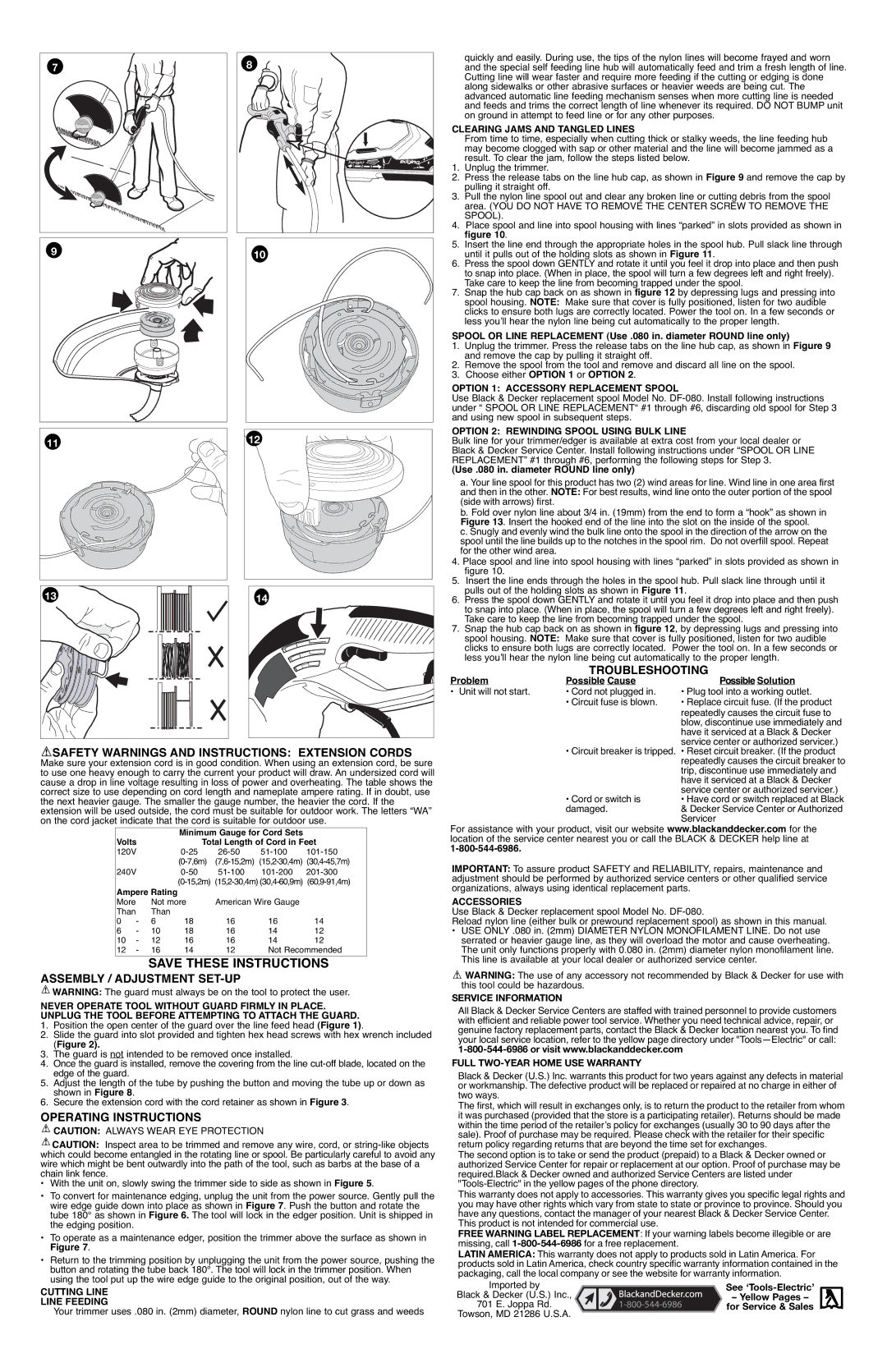 Black & Decker GH1000 Safety Warnings and Instructions Extension Cords, Assembly / Adjustment SET-UP, Troubleshooting 