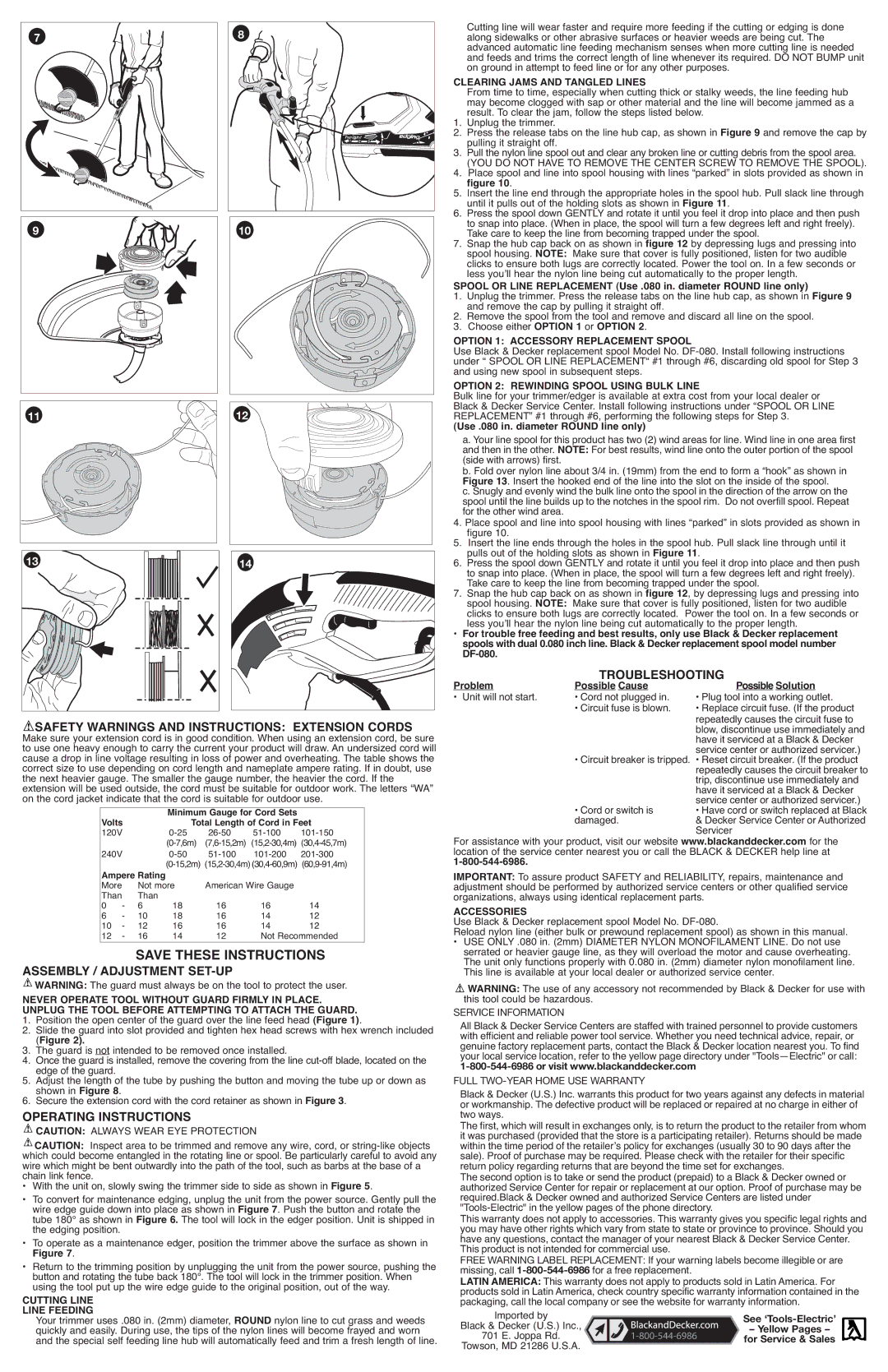 Black & Decker GH2000 Safety Warnings and Instructions Extension Cords, Troubleshooting, Assembly / Adjustment SET-UP 