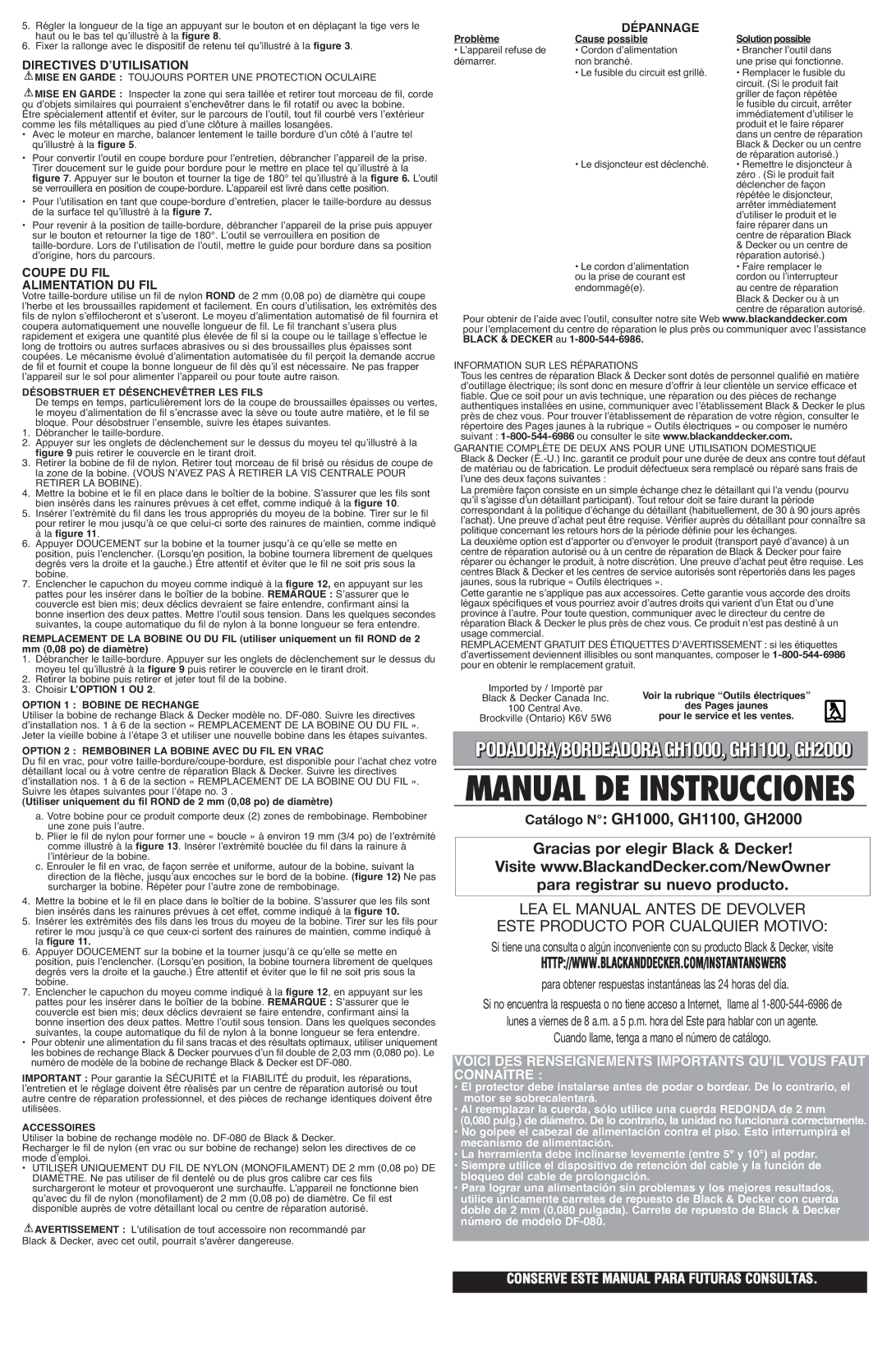 Black & Decker GH2000 Manual DE Instrucciones, Conserve Este Manual Para Futuras Consultas, Directives DʼUTILISATION 